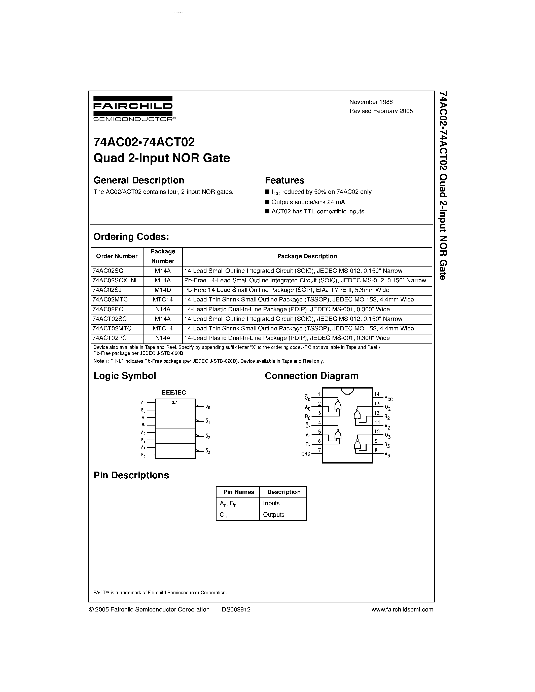 Datasheet 74AC02 page 1 Datasheet 74AC02 - Quad 2-Input NOR Gate page 1