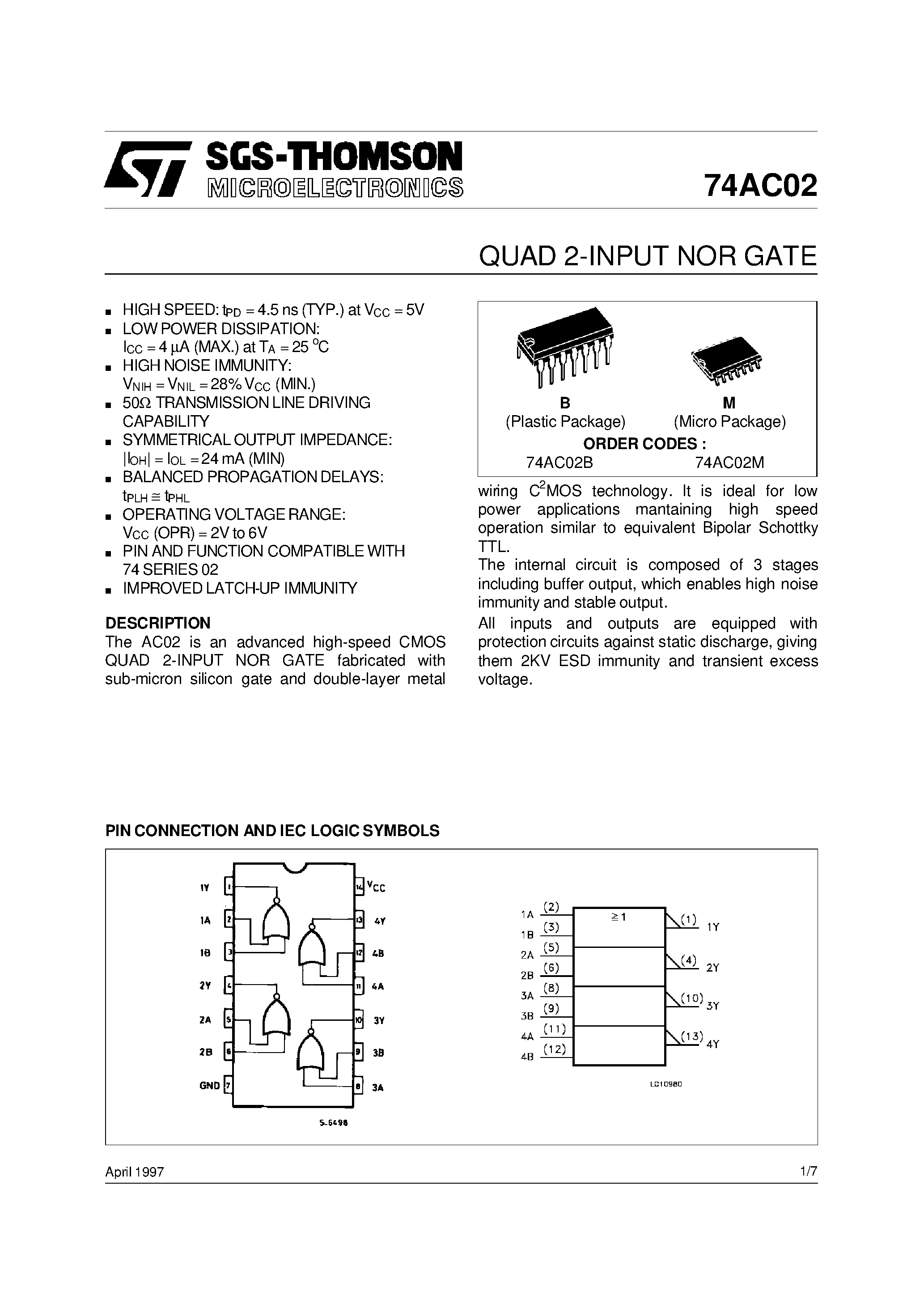 Datasheet 74AC02M - QUAD 2-INPUT NOR GATE page 1
