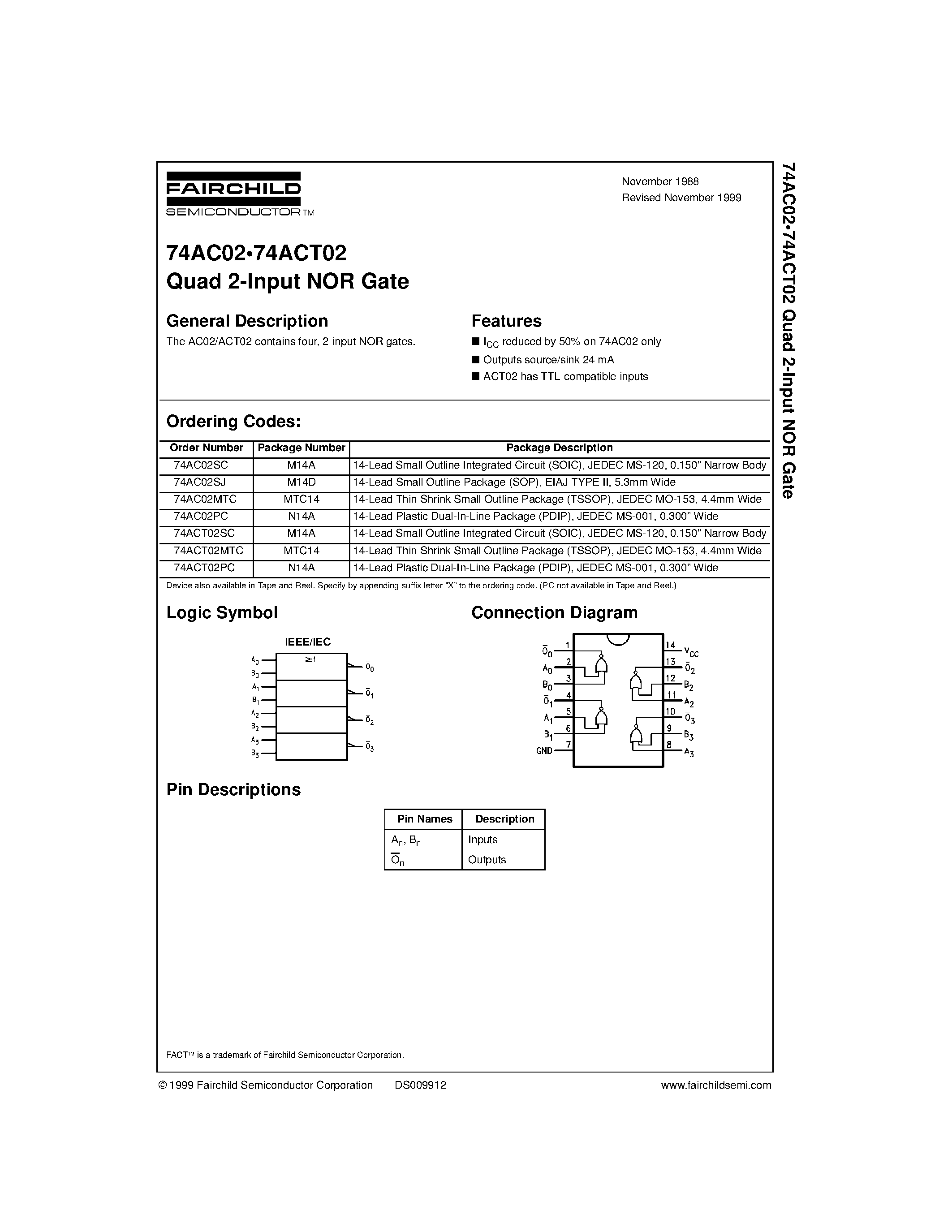 Даташит 74AC02SC - Quad 2-Input NOR Gate страница 1