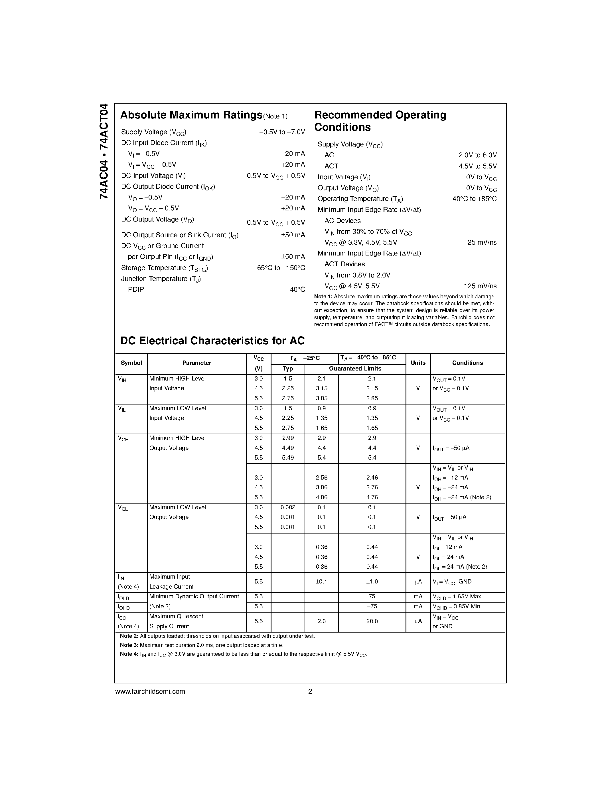 Datasheet 74AC04 - Hex Inverter page 2