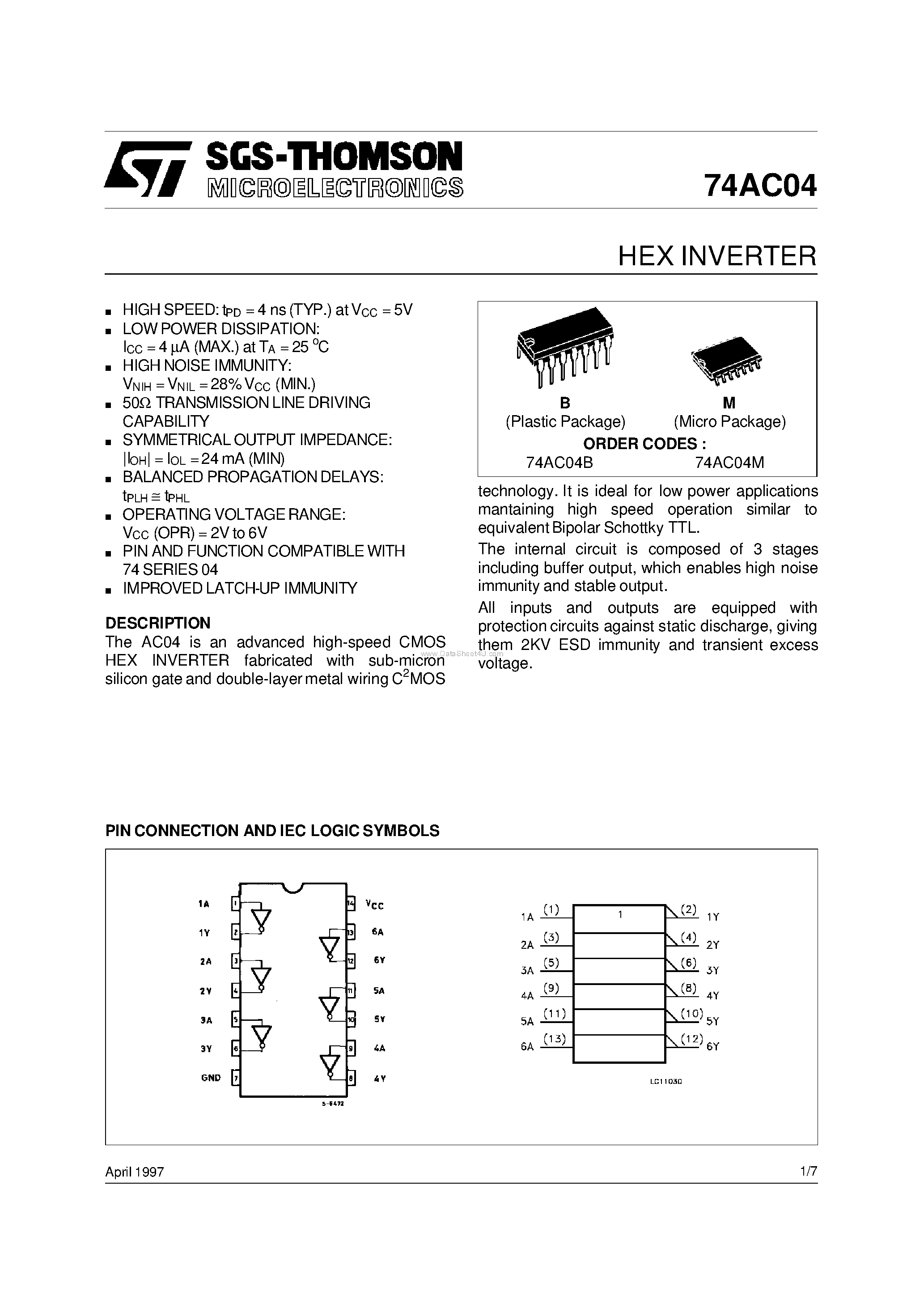 Даташит на микросхему 74AC04B страница 1 Даташит 74AC04B - HEX INVERTER страница 1