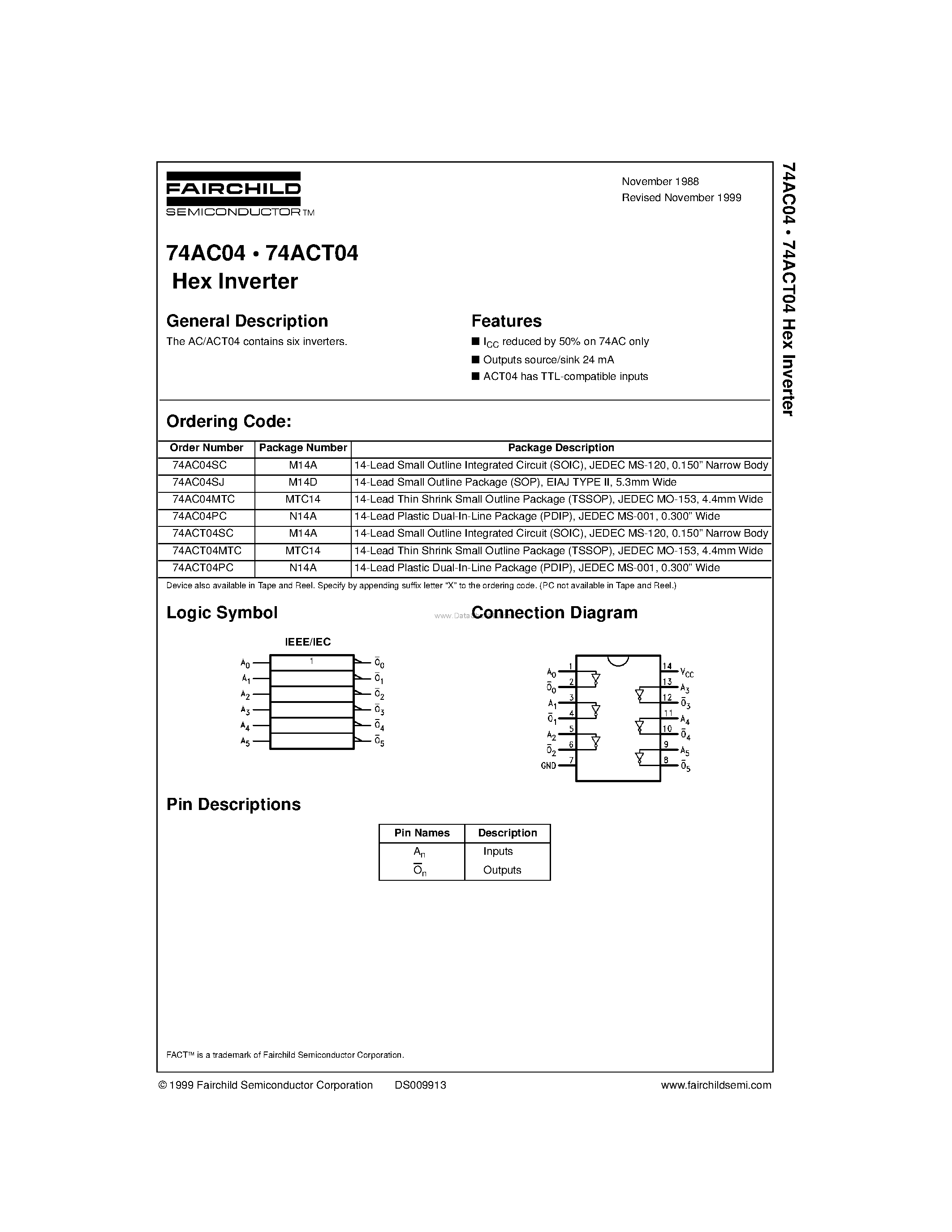 Datasheet 74AC04PC - Hex Inverter page 1