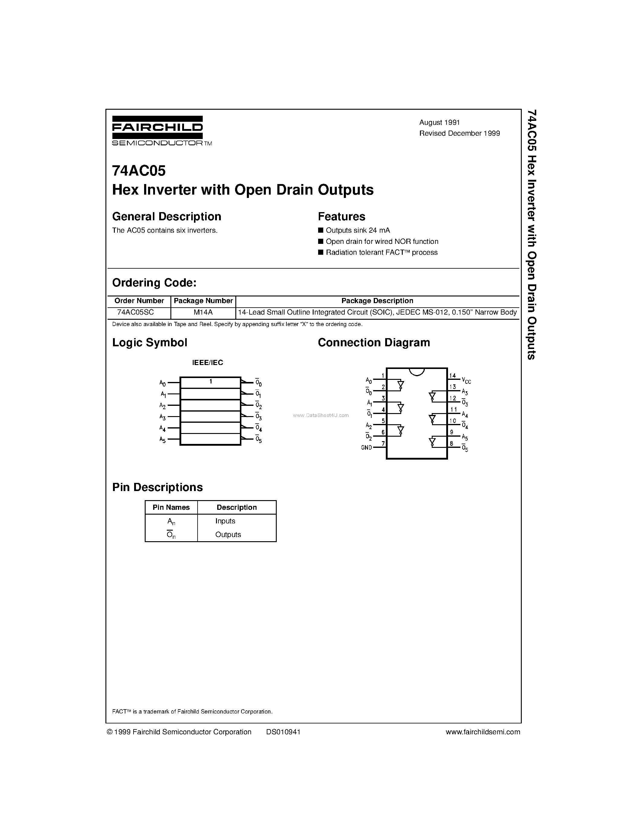 Datasheet 74AC05 - Hex Inverter with Open Drain Outputs page 1