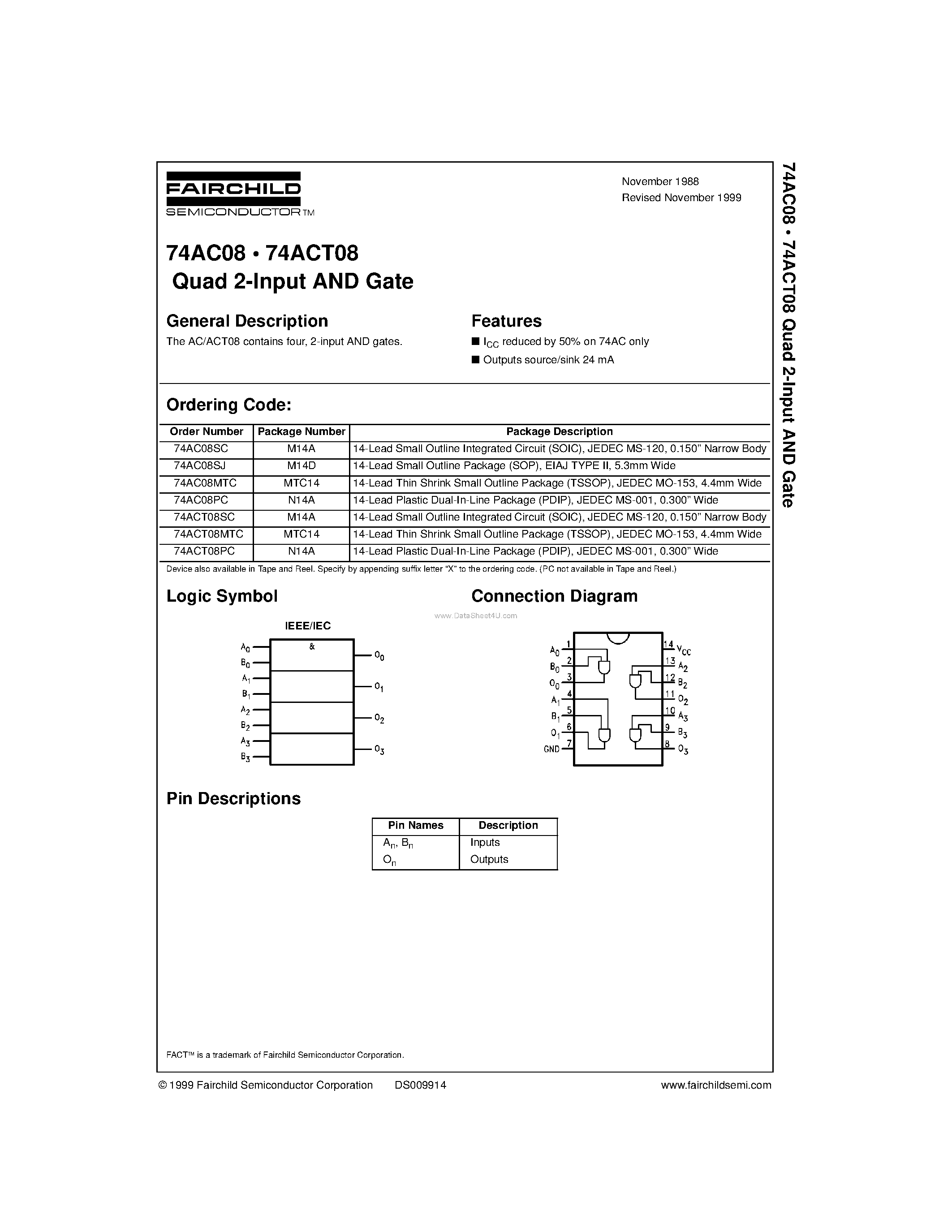 Datasheet 74AC08MTC - Quad 2-Input AND Gate page 1