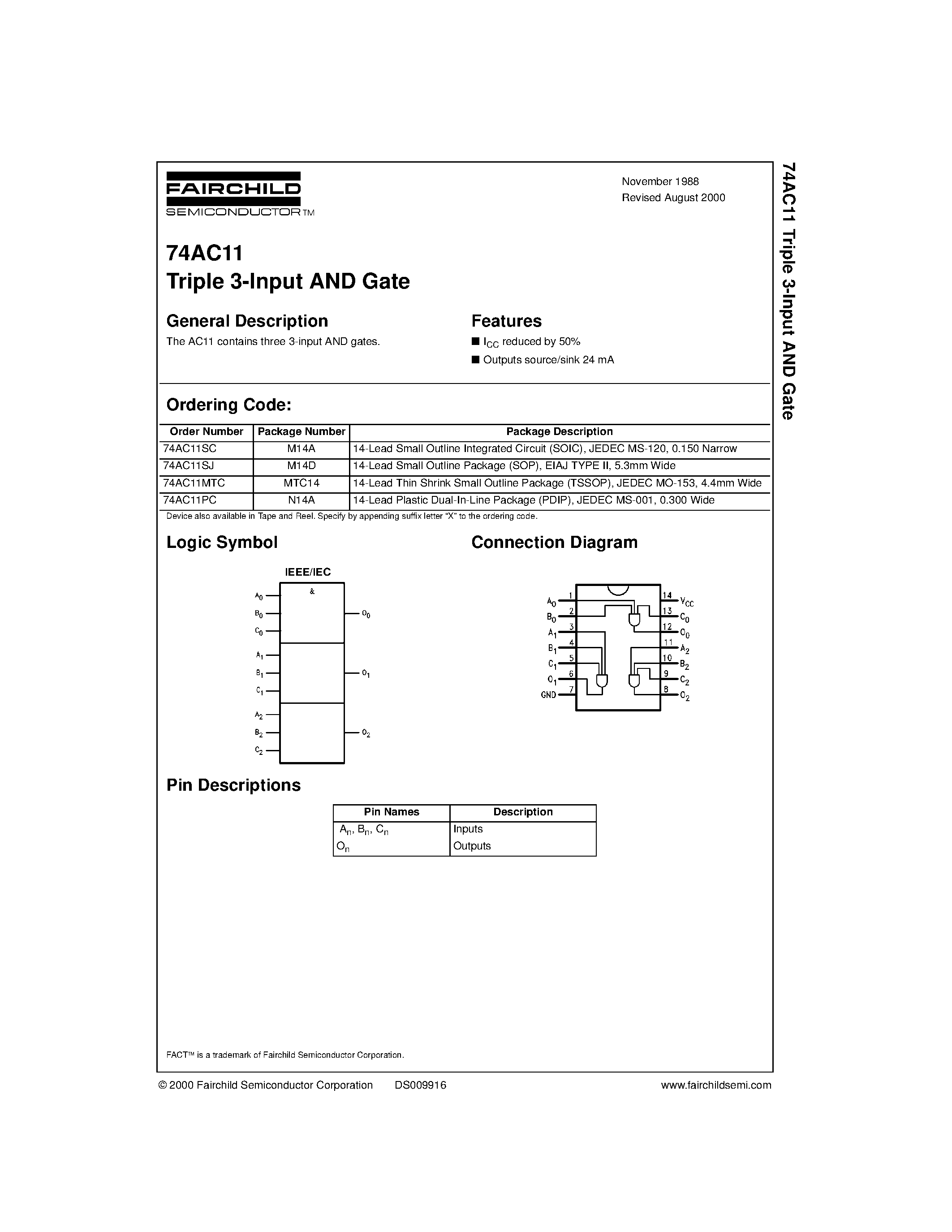 Datasheet 74AC11PC - Triple 3-Input AND Gate page 1