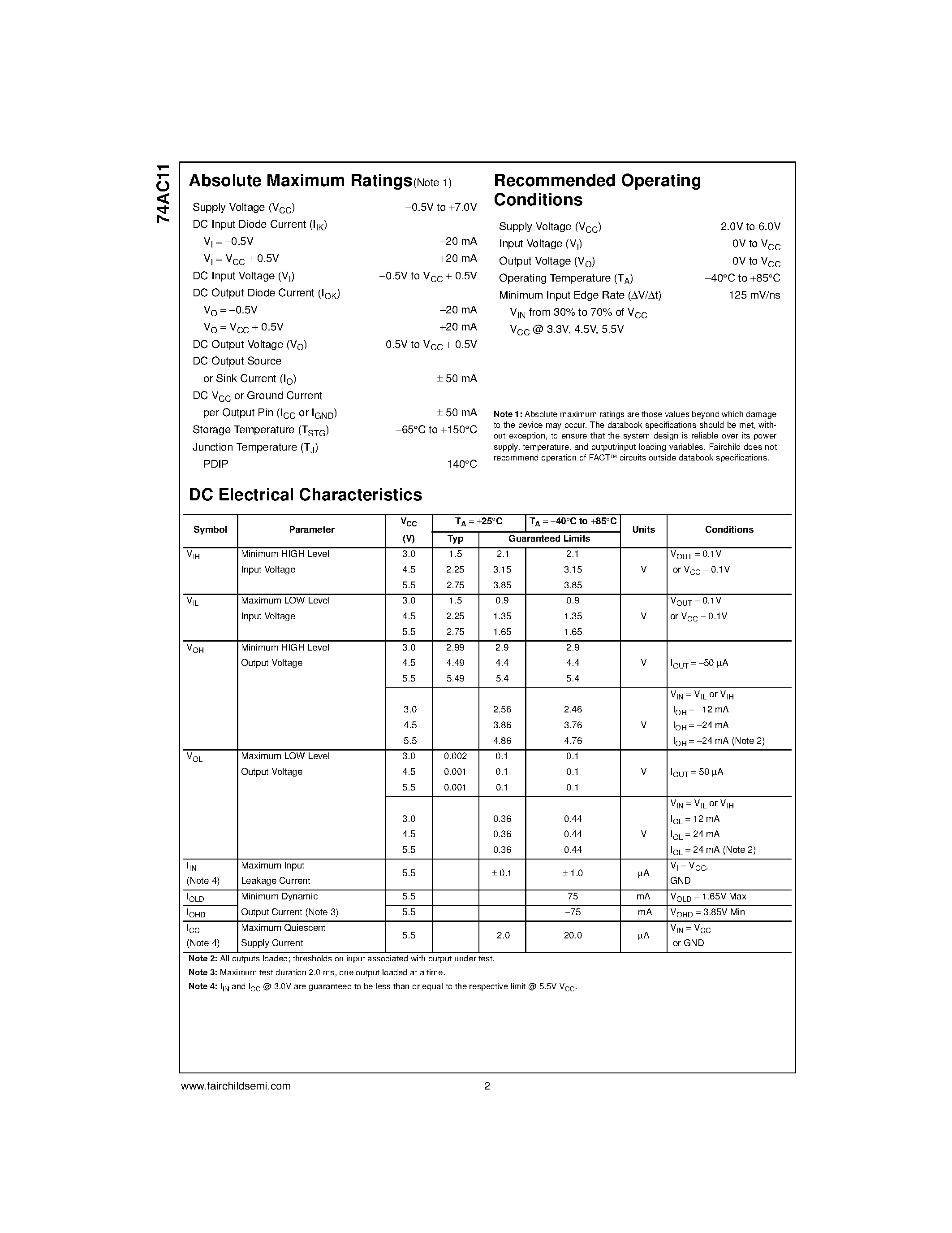 Datasheet 74AC11SJ page 2 Datasheet 74AC11SJ - Triple 3-Input AND Gate page 2