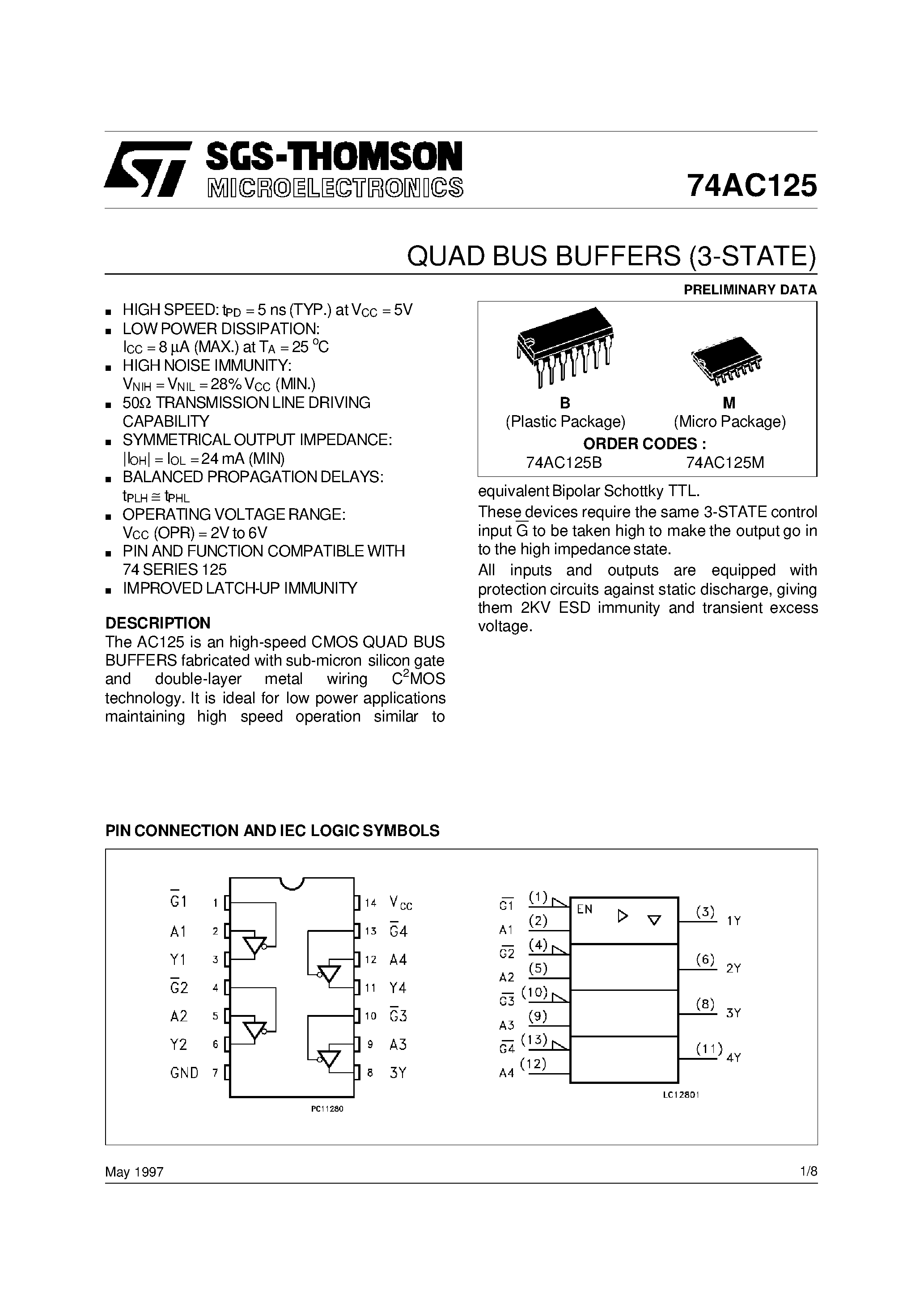 Datasheet 74AC125M - QUAD BUS BUFFERS 3-STATE page 1
