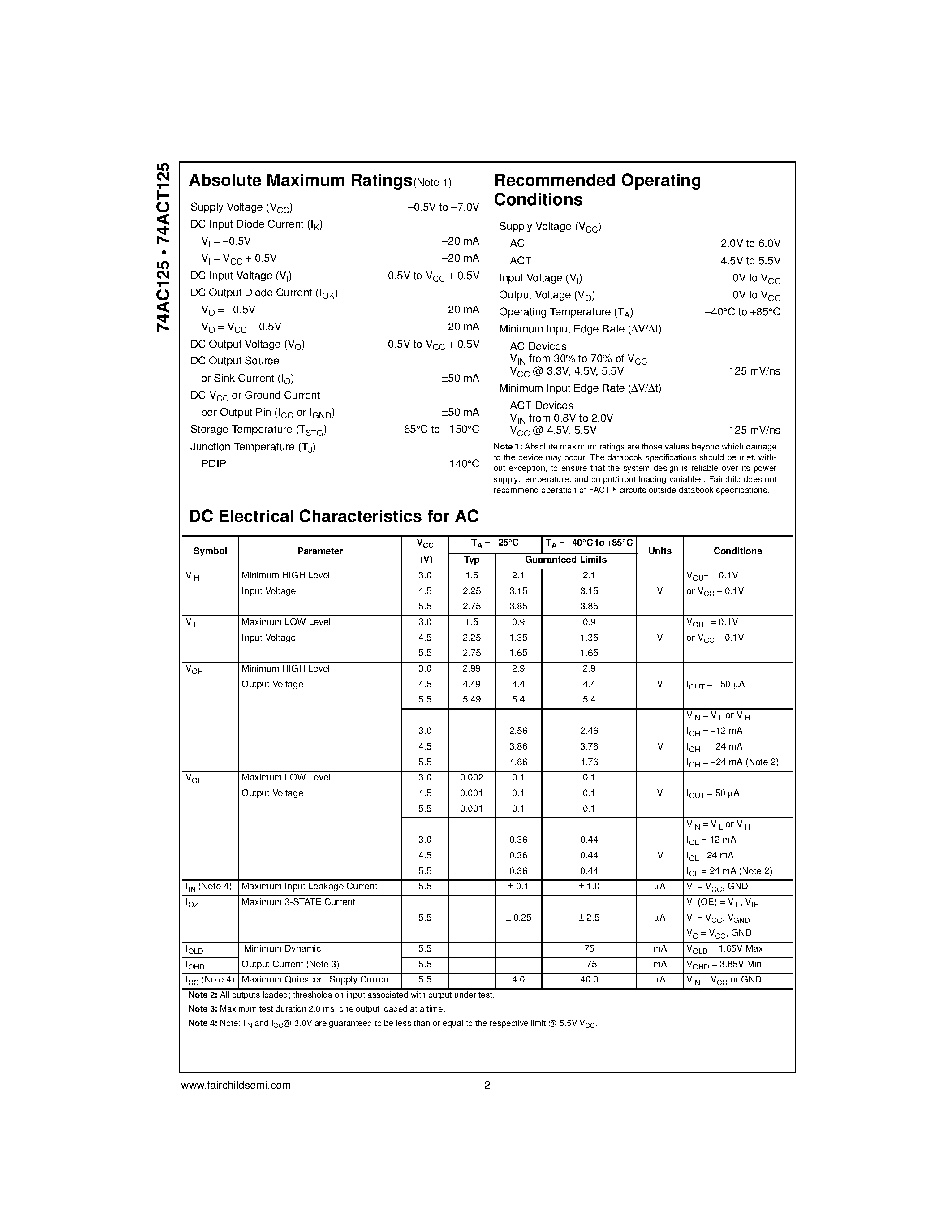 Datasheet 74AC125PC - Quad Buffer with 3-STATE Outputs page 2