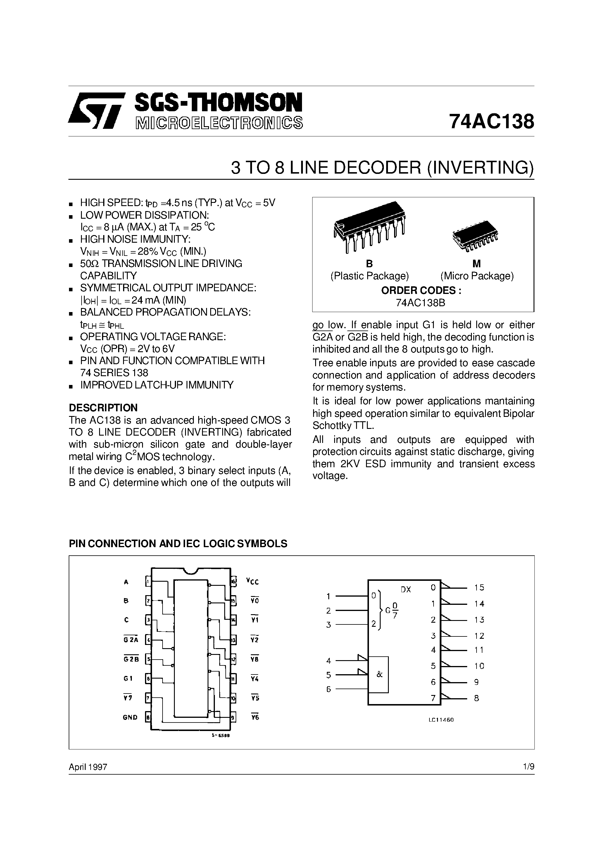 Datasheet 74AC138 - 1-of-8 Decoder/Demultiplexer page 1