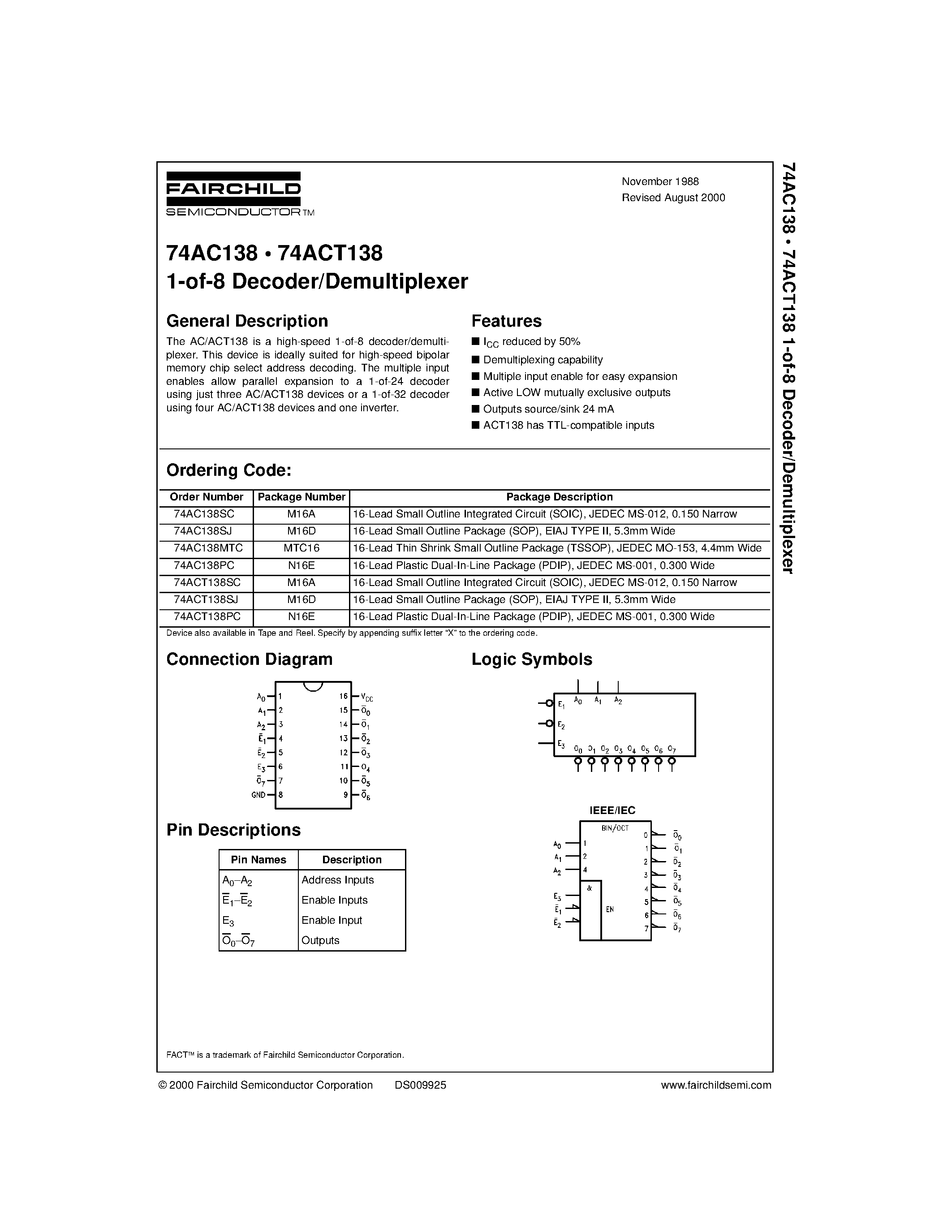 Datasheet 74AC138SC - 1-of-8 Decoder/Demultiplexer page 1