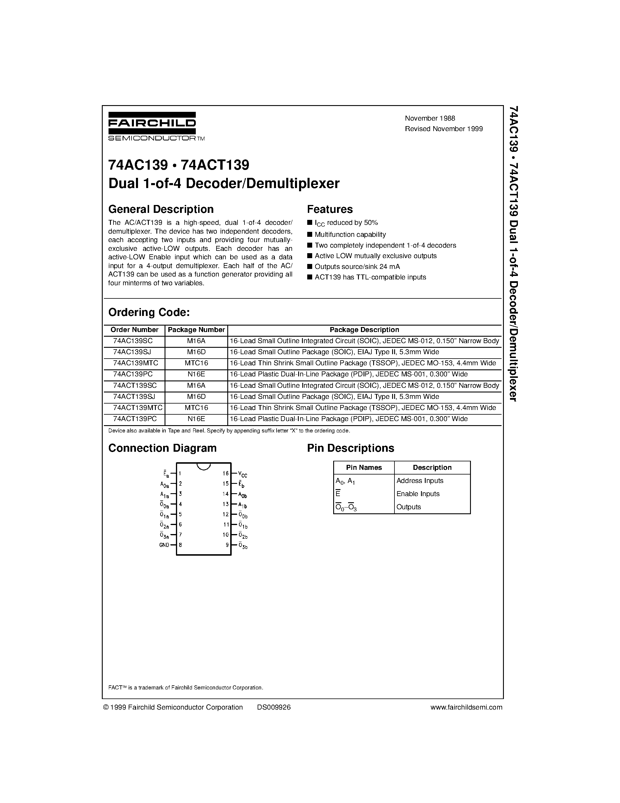 Datasheet 74AC139SJ - Dual 1-of-4 Decoder/Demultiplexer page 1
