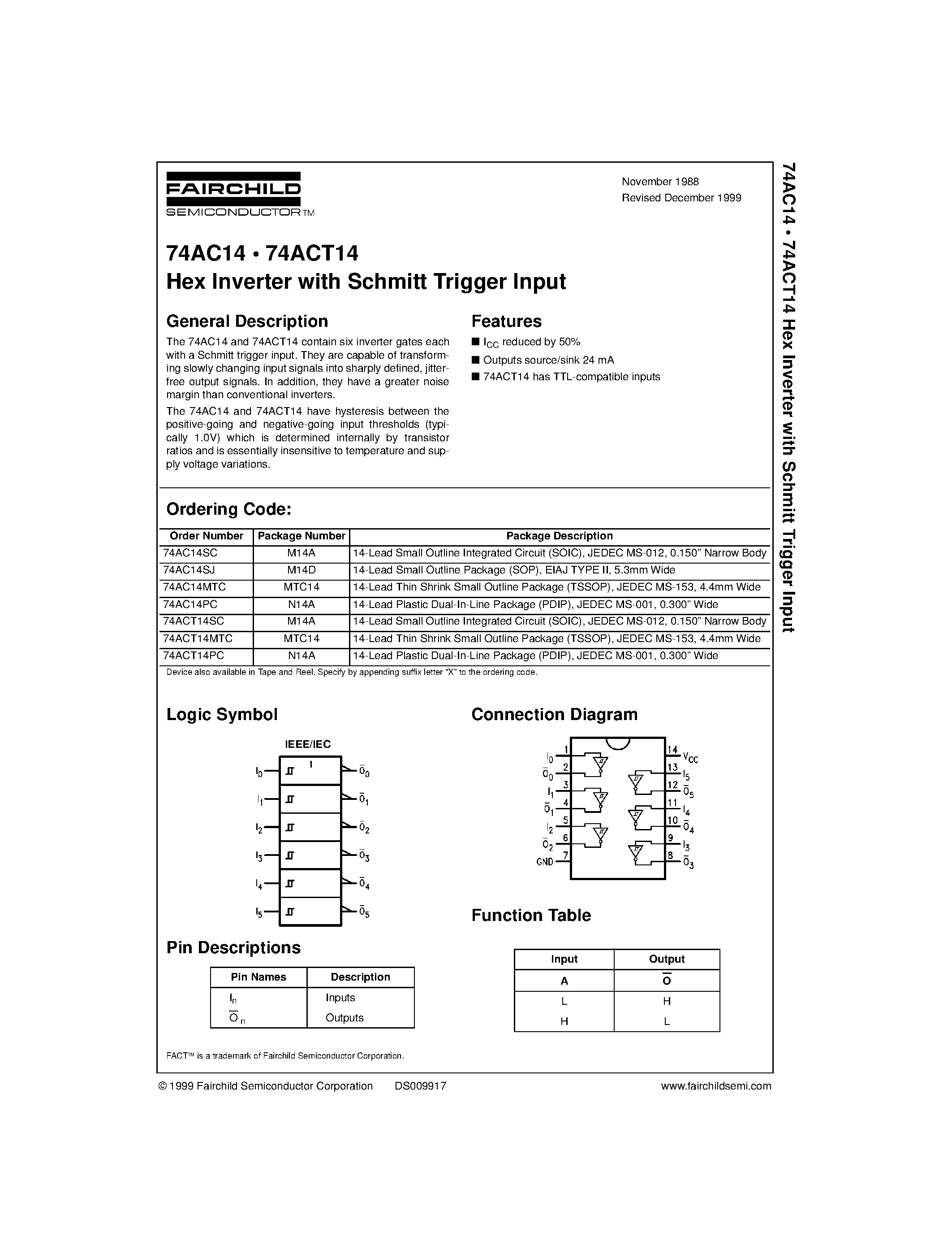 Даташит 74AC14SC - Hex Inverter with Schmitt Trigger Input страница 1