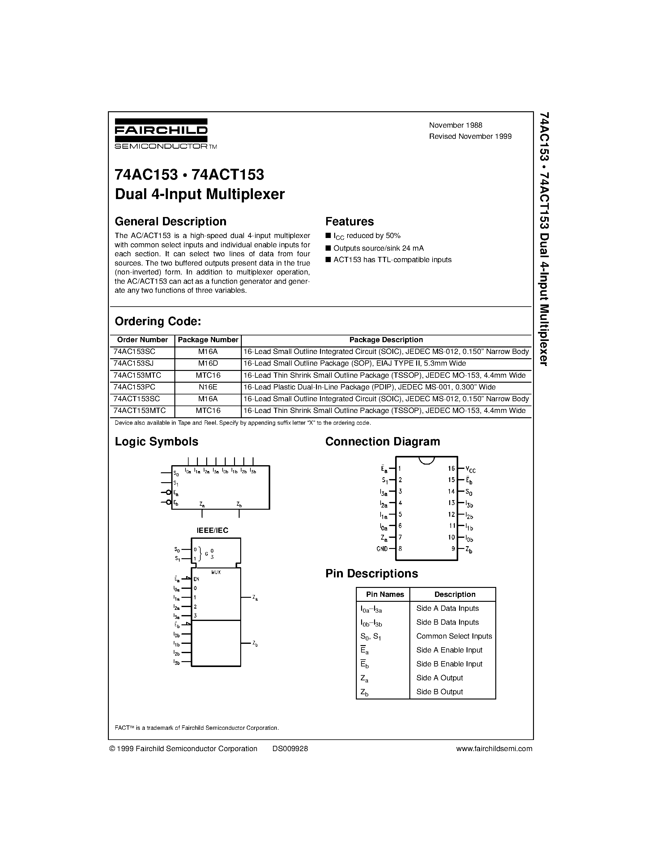 Datasheet 74AC153PC - Dual 4-Input Multiplexer page 1