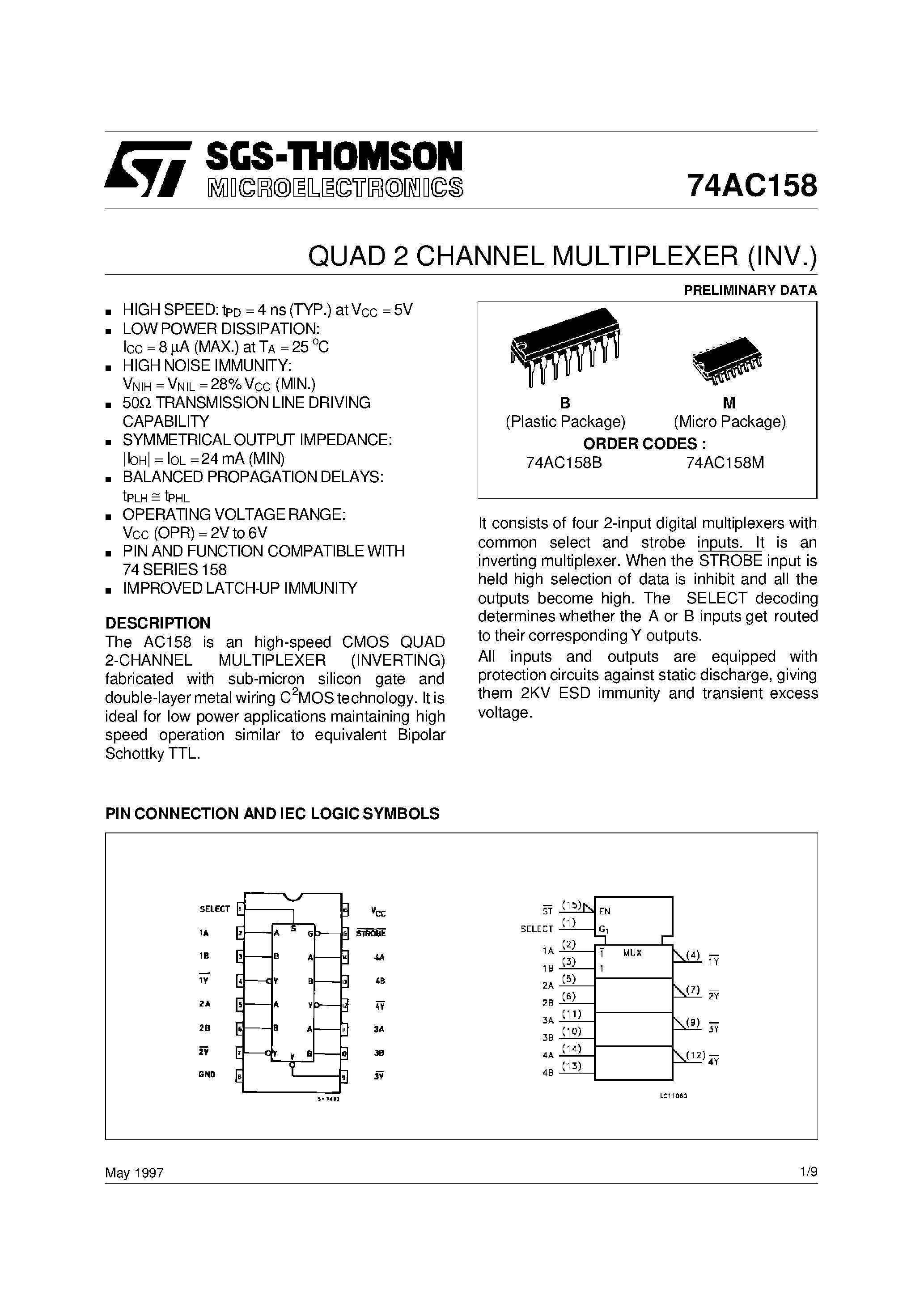 Datasheet 74AC158M - QUAD 2 CHANNEL MULTIPLEXER INV. page 1