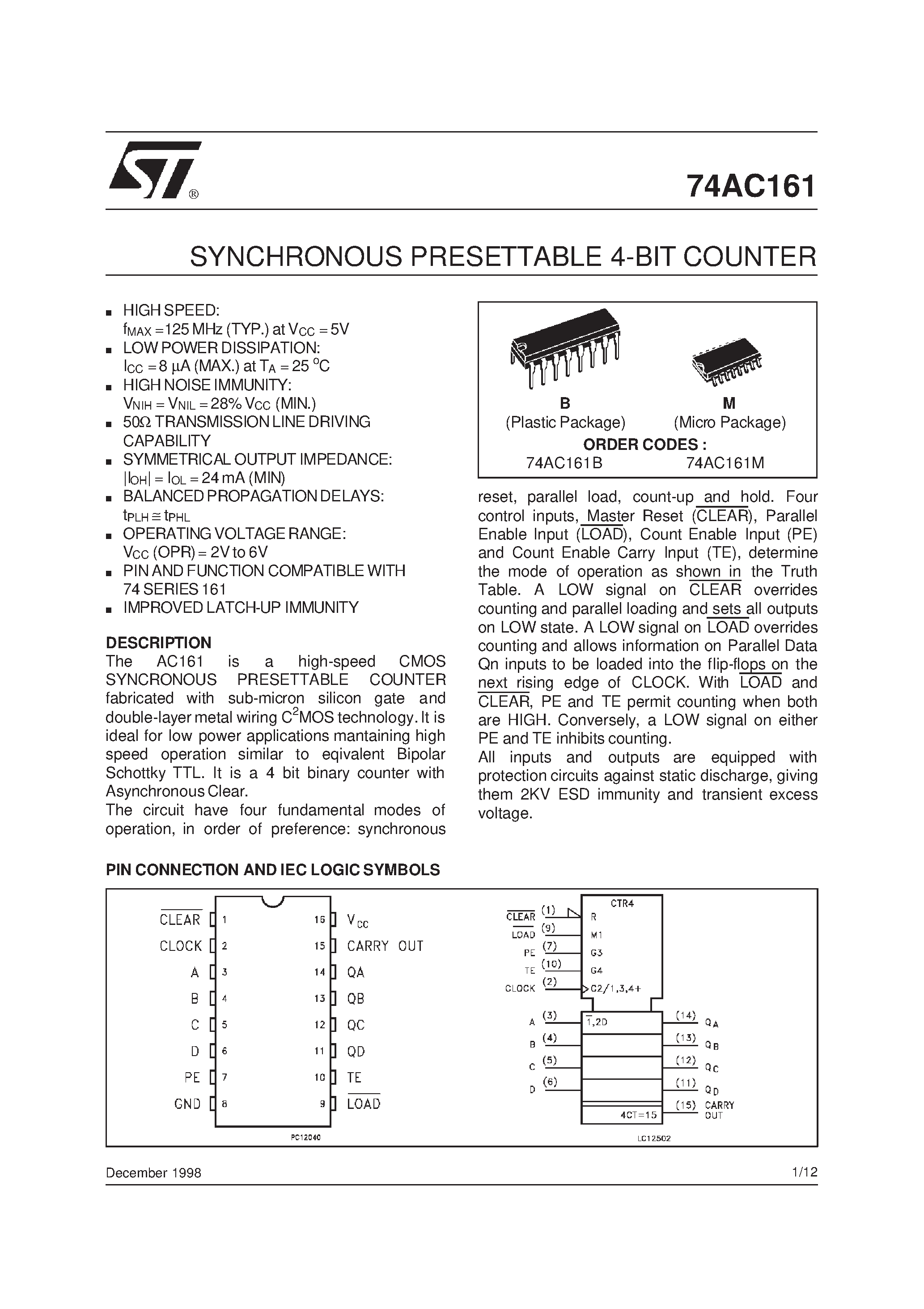 Datasheet 74AC161M - SYNCHRONOUS PRESETTABLE 4-BIT COUNTER page 1