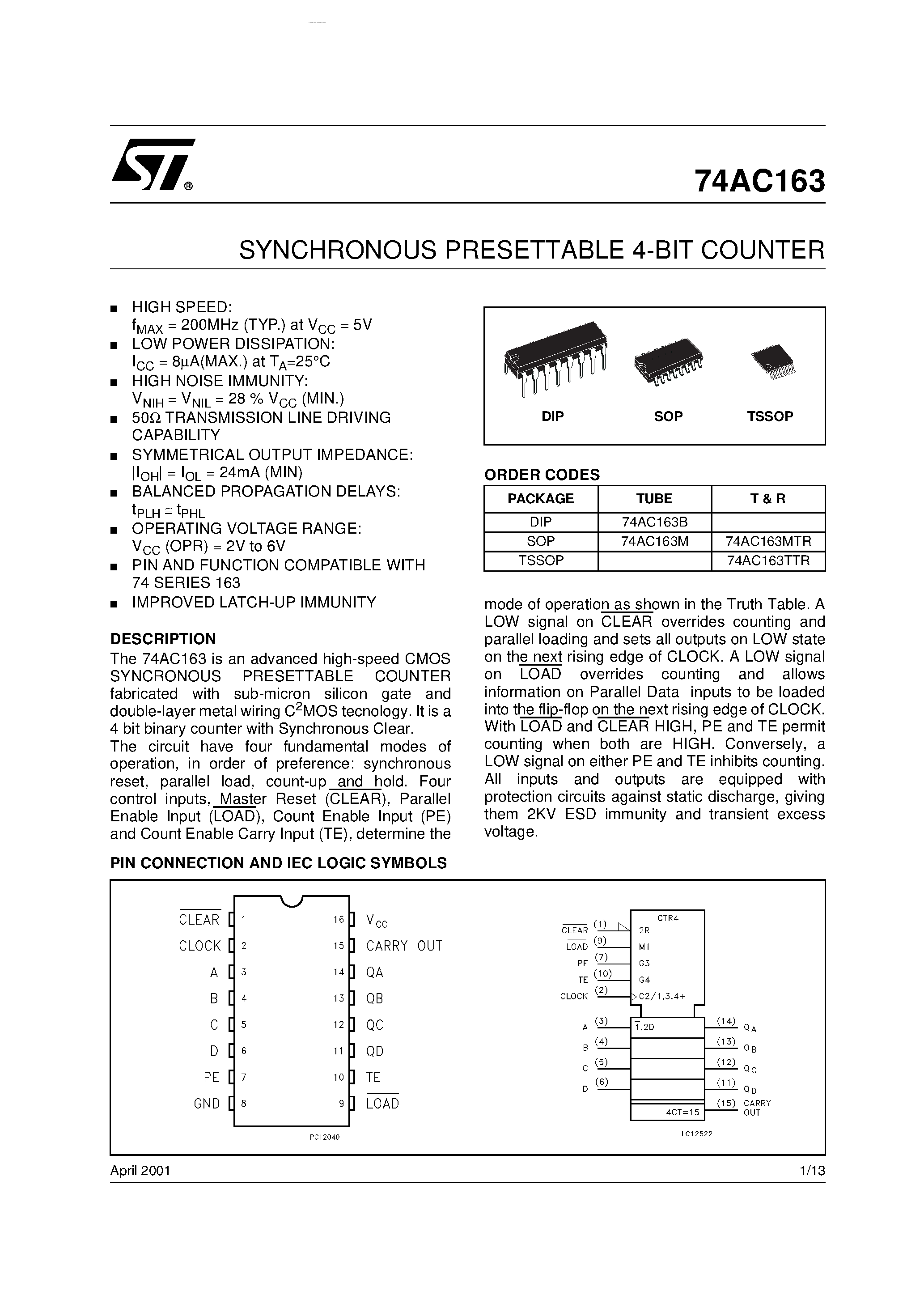 Даташит на микросхему 74AC163 страница 1 Даташит 74AC163 - SYNCHRONOUS PRESETTABLE 4-BIT COUNTER страница 1
