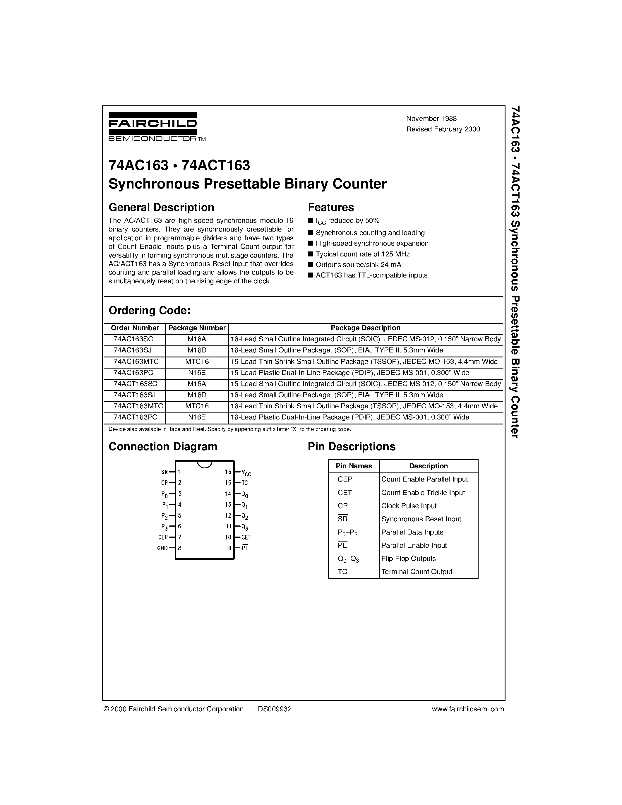 Datasheet 74AC163PC - Synchronous Presettable Binary Counter page 1