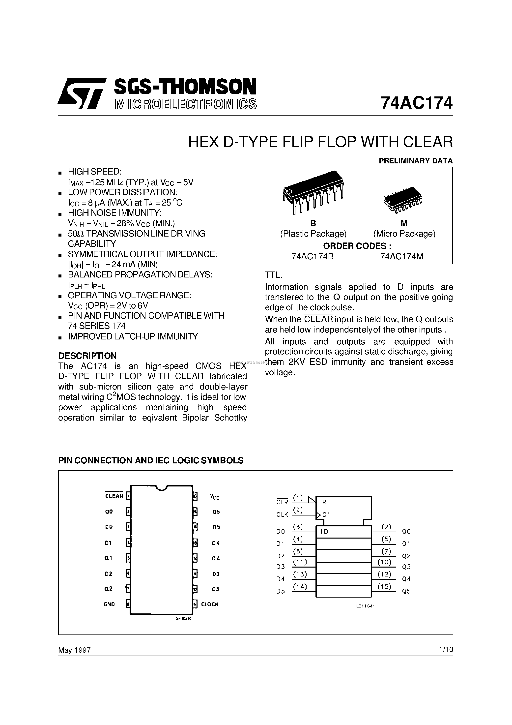 Datasheet 74AC174 page 1 Datasheet 74AC174 - HEX D-TYPE FLIP FLOP WITH CLEAR page 1