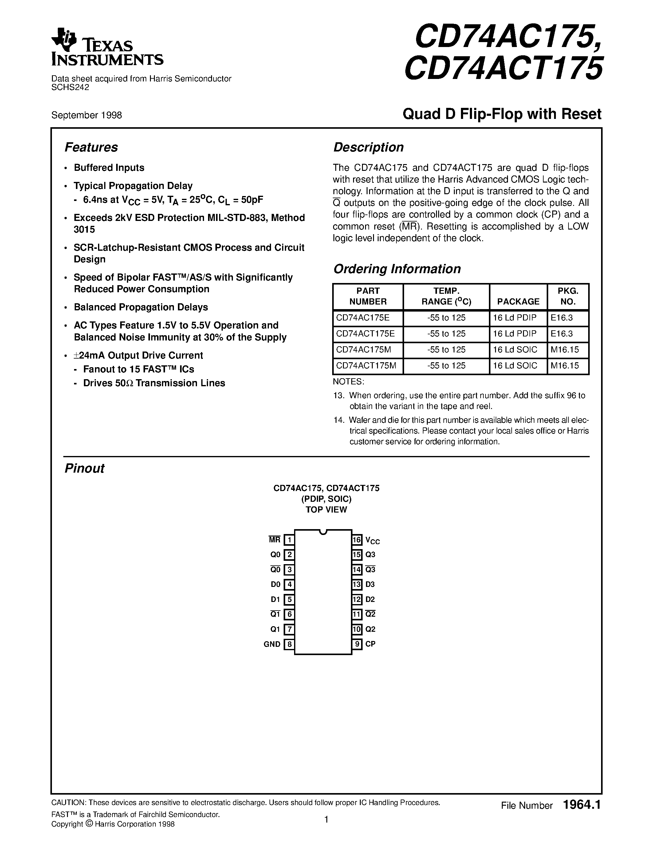 Datasheet 74AC175 - QUAD D FLIP-FLOP WITH MASTER RESET page 1