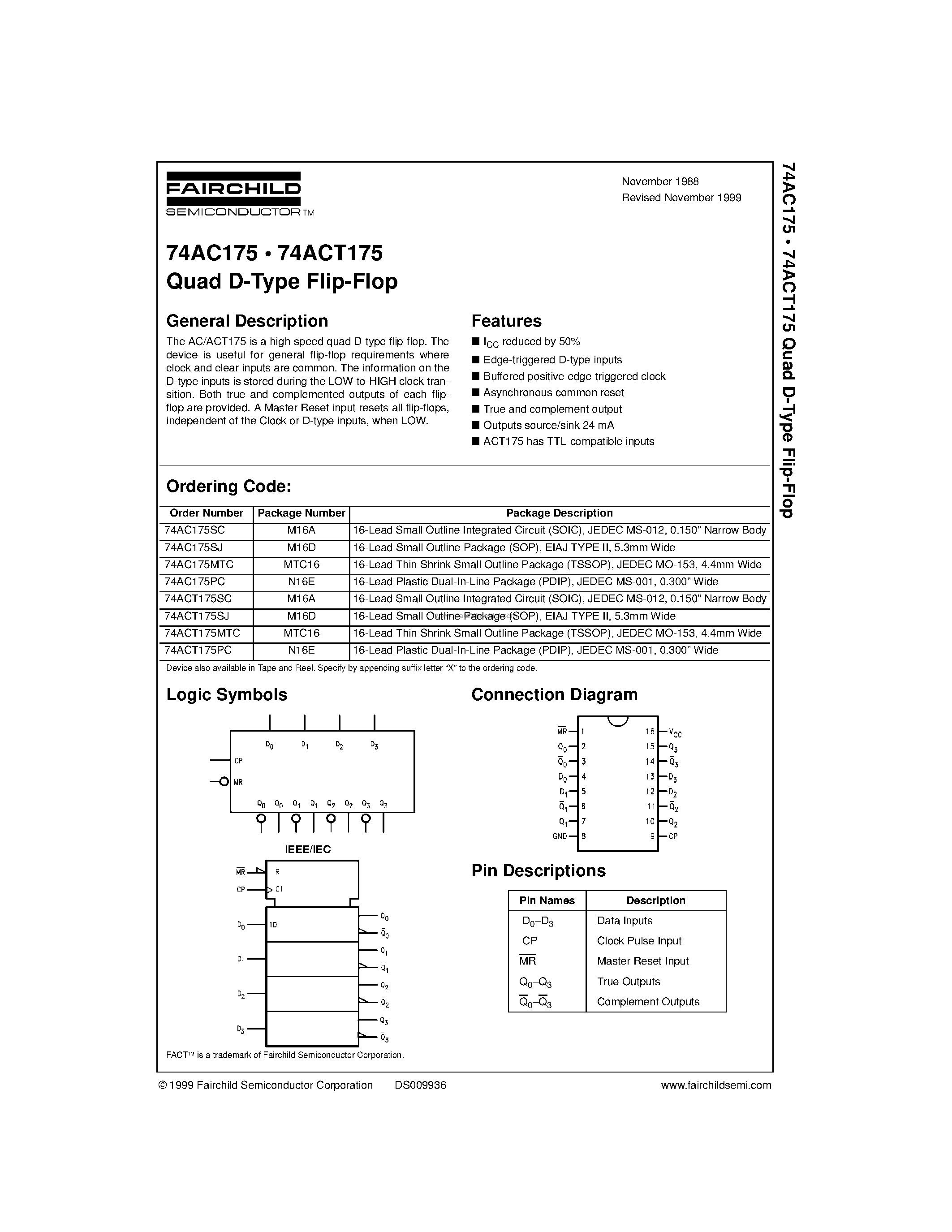 Datasheet 74AC175MTC - Quad D-Type Flip-Flop page 1