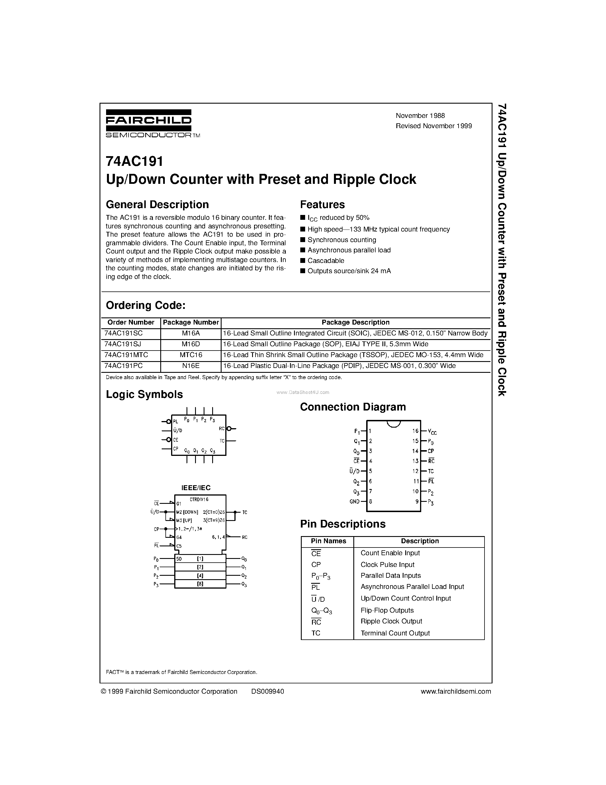 Datasheet 74AC191PC - Up/Down Counter with Preset and Ripple Clock page 1