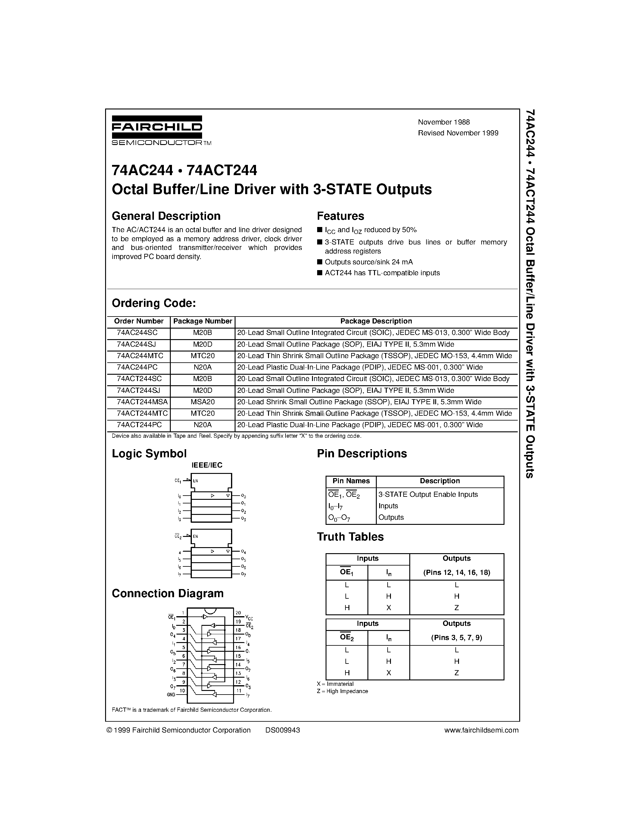 Даташит 74AC244SC - Octal Buffer/Line Driver with 3-STATE Outputs страница 1