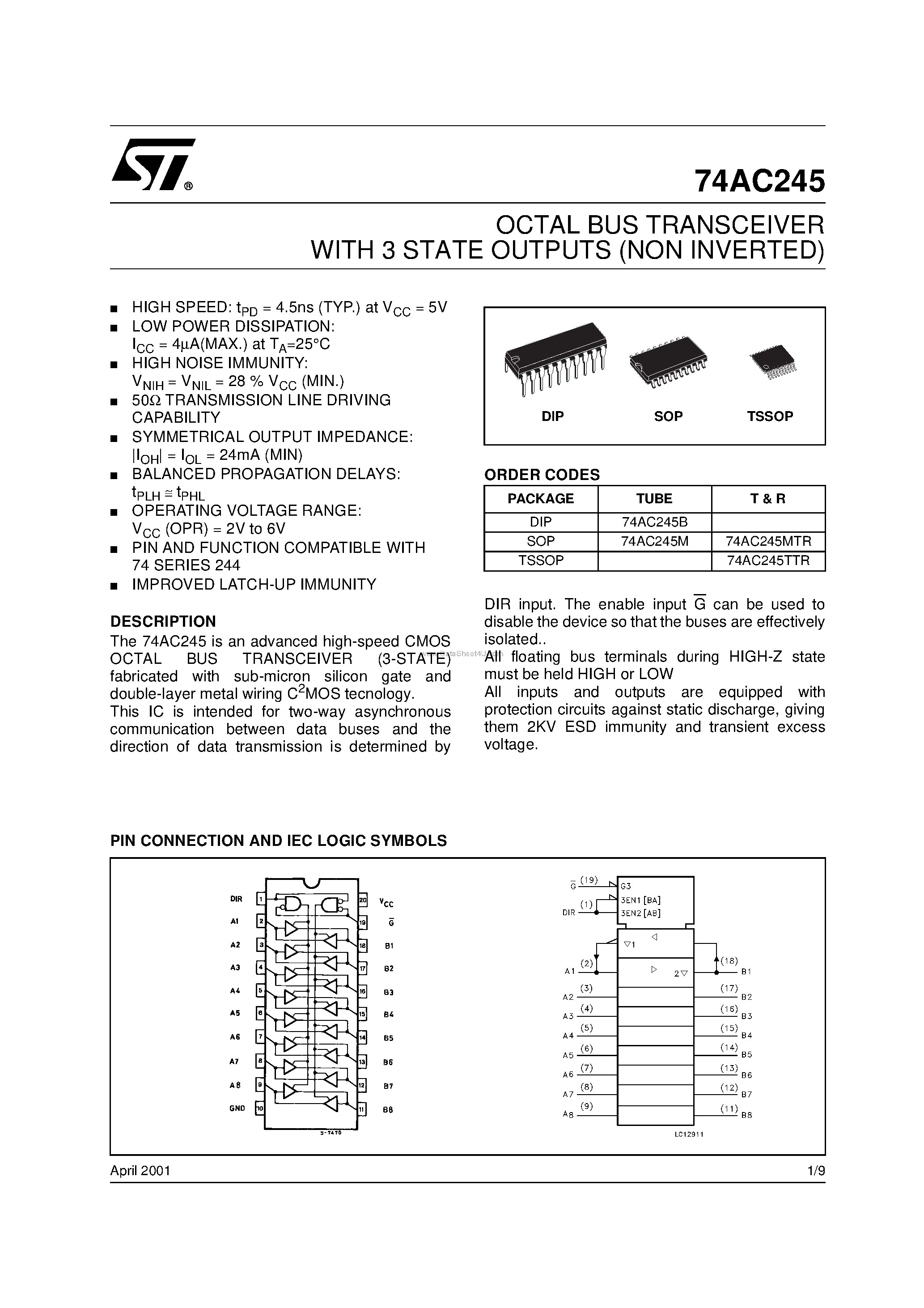Даташит 74AC245 - OCTAL BUS TRANSCEIVER WITH 3-STATE OUTPUTS NON INVERTED страница 1
