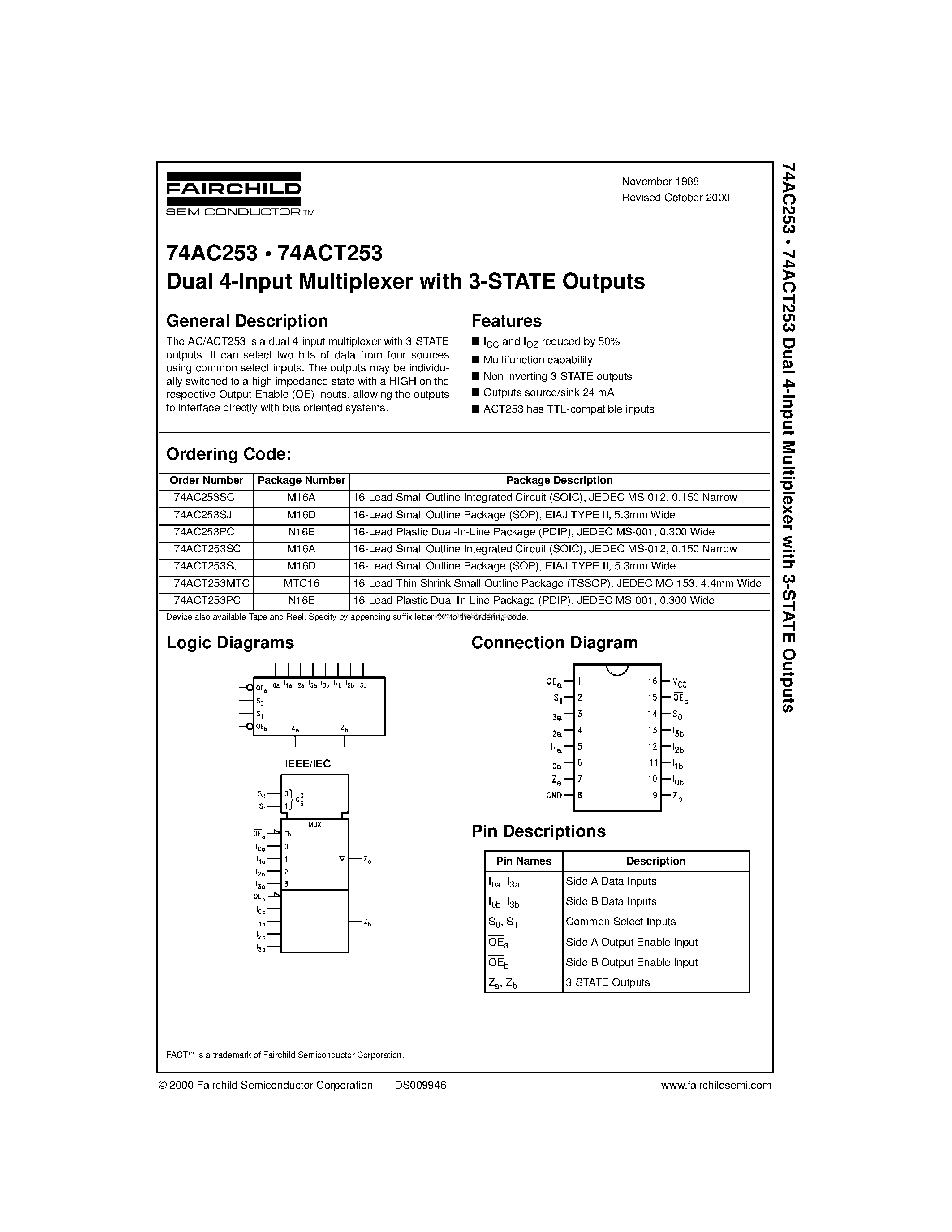 Даташит 74AC253SJ - Dual 4-Input Multiplexer with 3-STATE Outputs страница 1