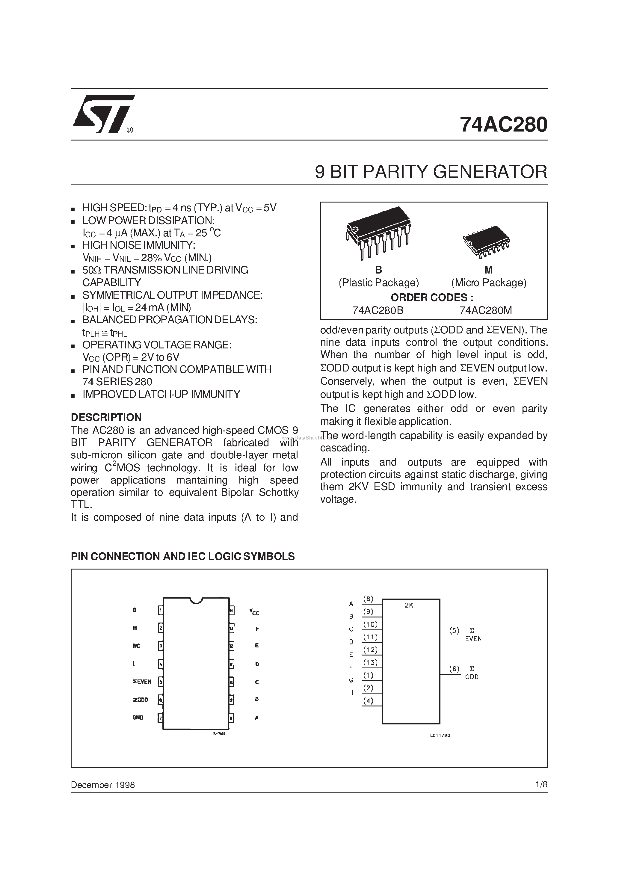 Даташит 74AC280M - 9 BIT PARITY GENERATOR страница 1