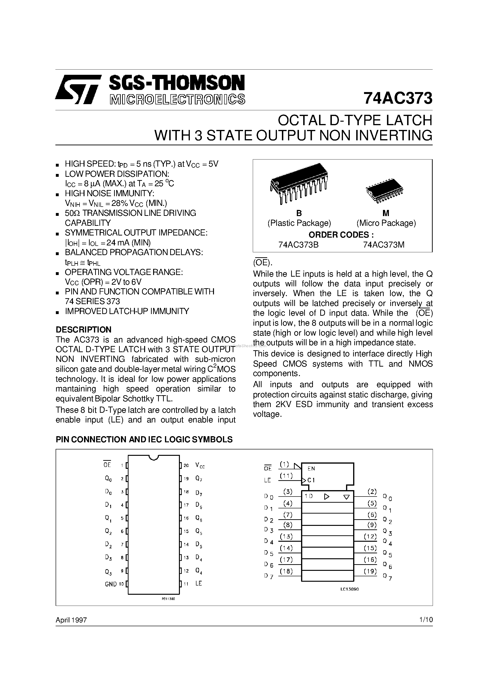 Datasheet 74AC373 - OCTAL D-TYPE LATCH WITH 3 STATE OUTPUT NON INVERTING page 1