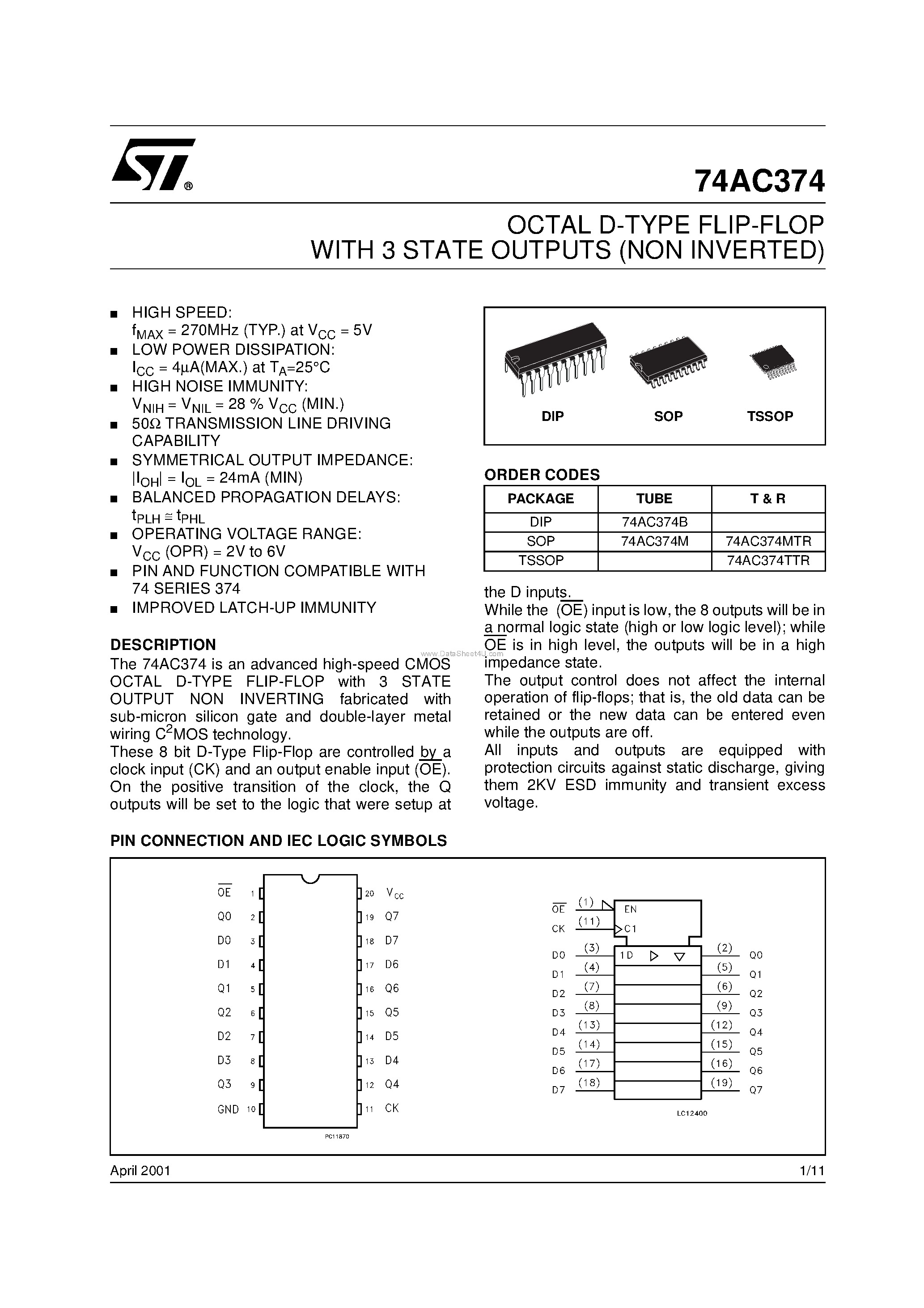 Даташит 74AC374M - OCTAL D-TYPE FLIP FLOP WITH 3 STATE OUTPUT NON INVERTING страница 1