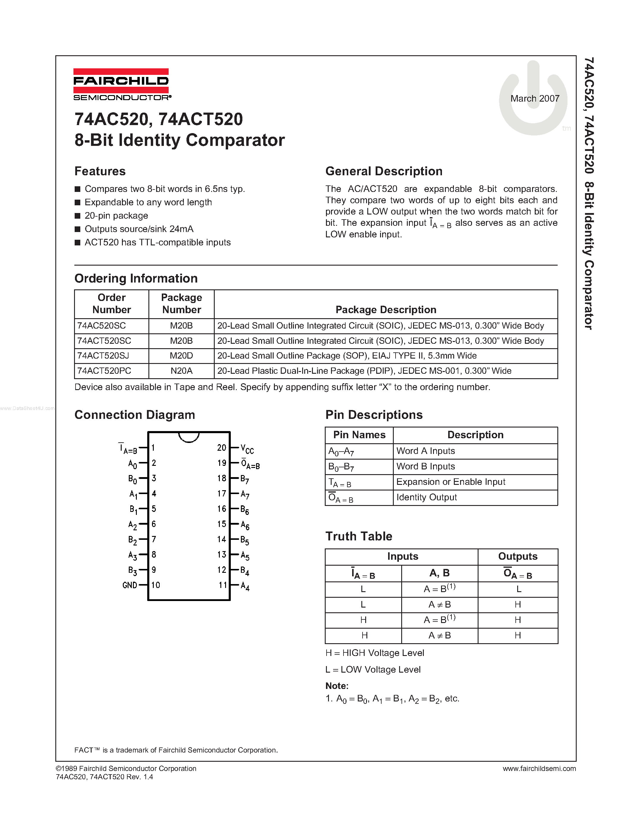Даташит 74AC520 - 8-Bit Identity Comparator страница 1