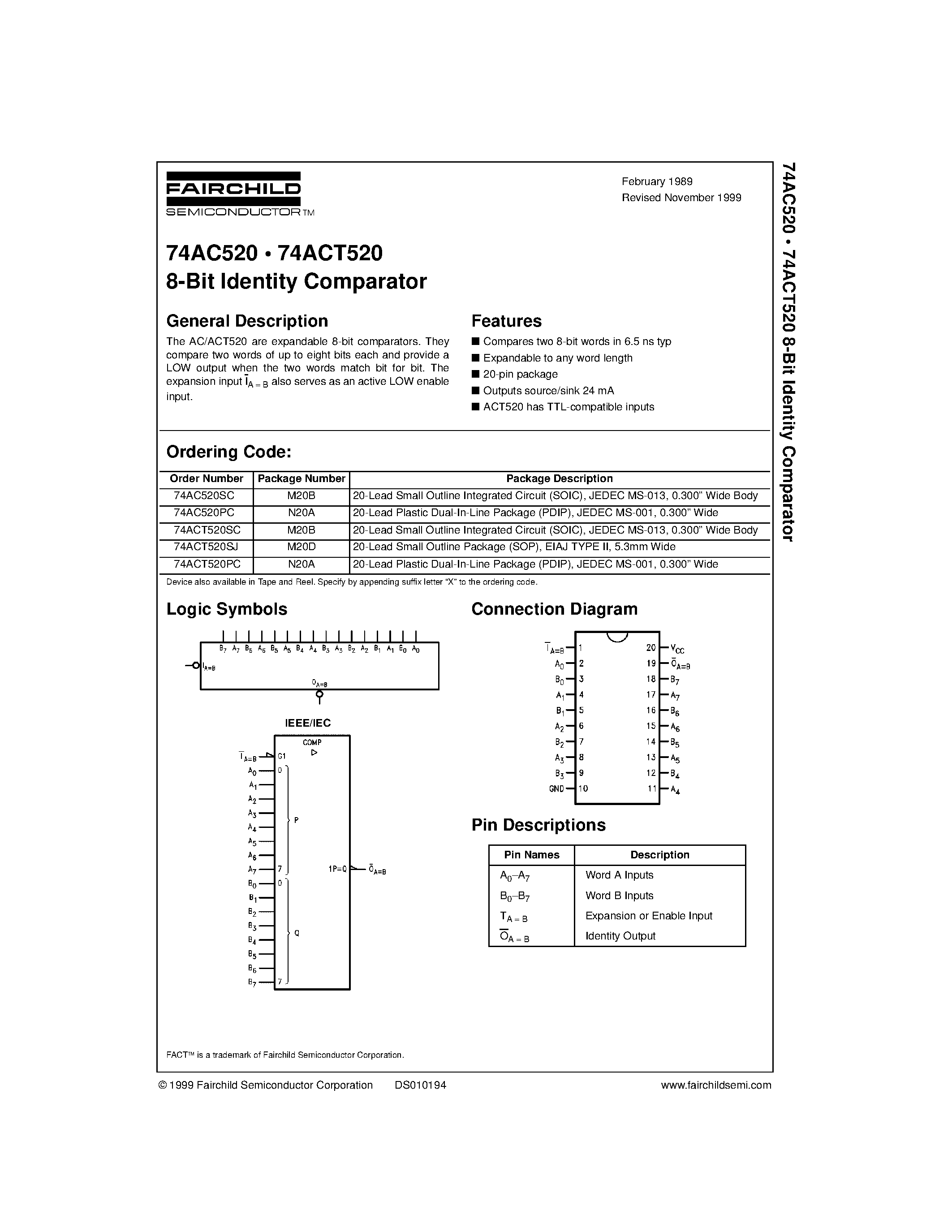 Даташит 74AC520SC - 8-Bit Identity Comparator страница 1