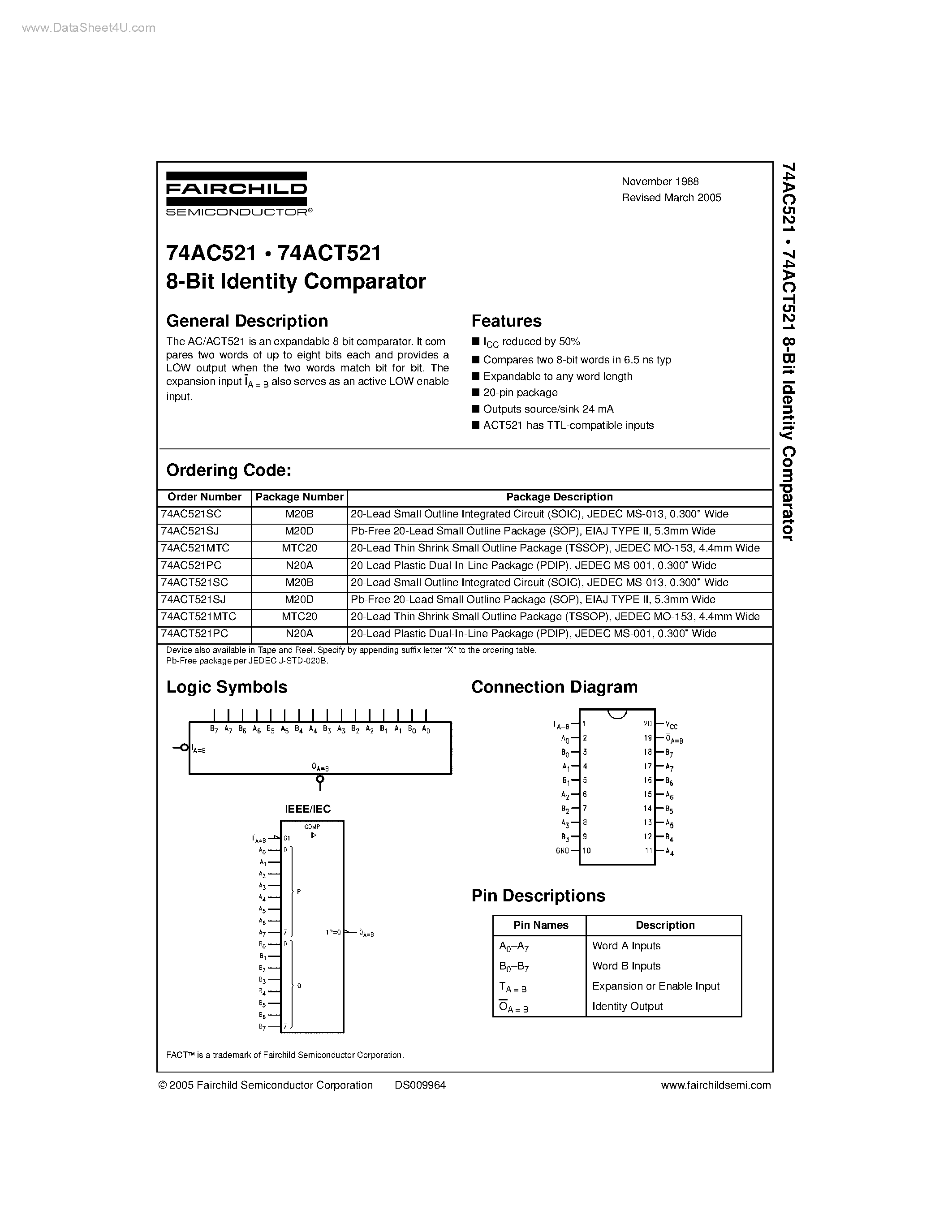 Даташит 74AC521SC - 8-Bit Identity Comparator страница 1