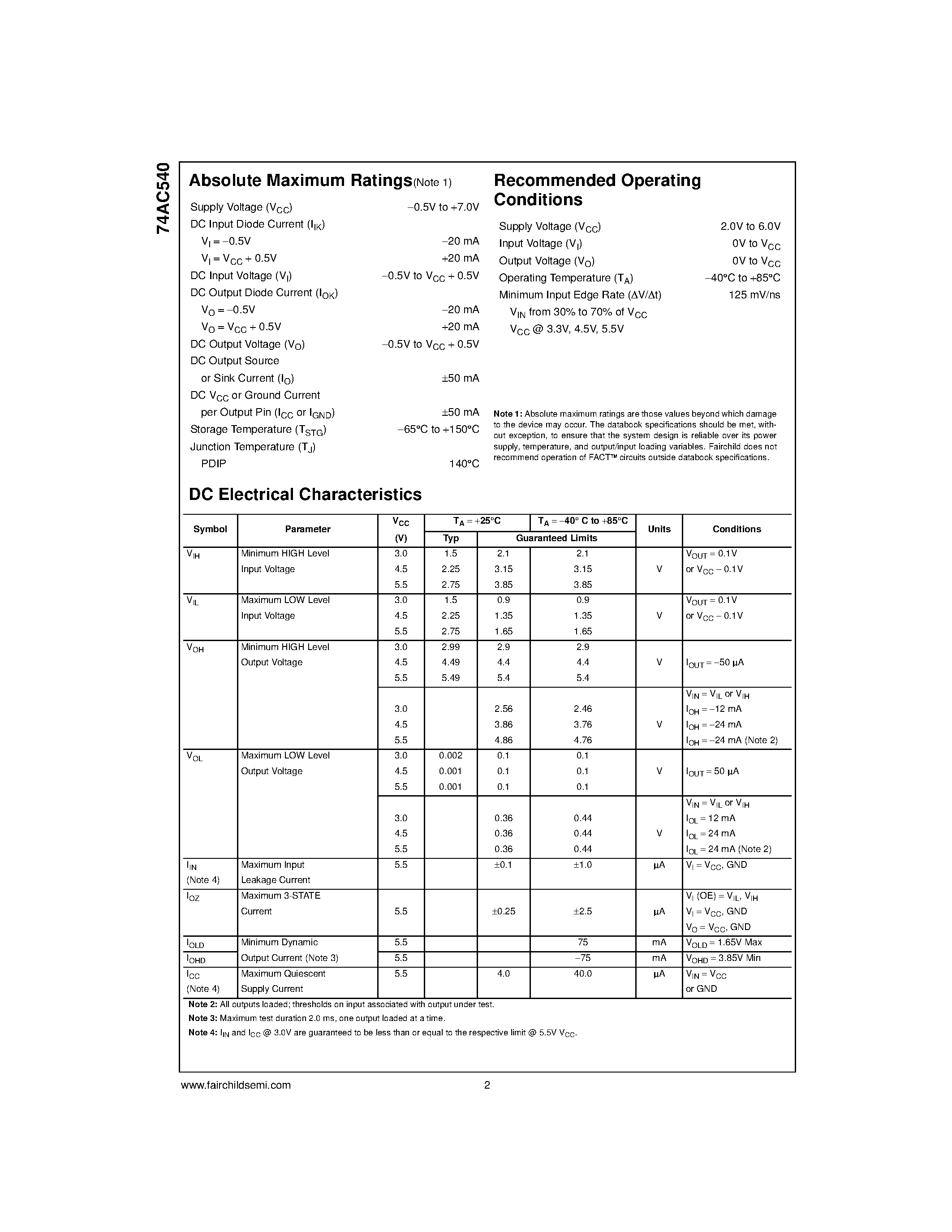 Даташит 74AC540PC - Octal Buffer/Line Driver with 3-STATE Outputs страница 2