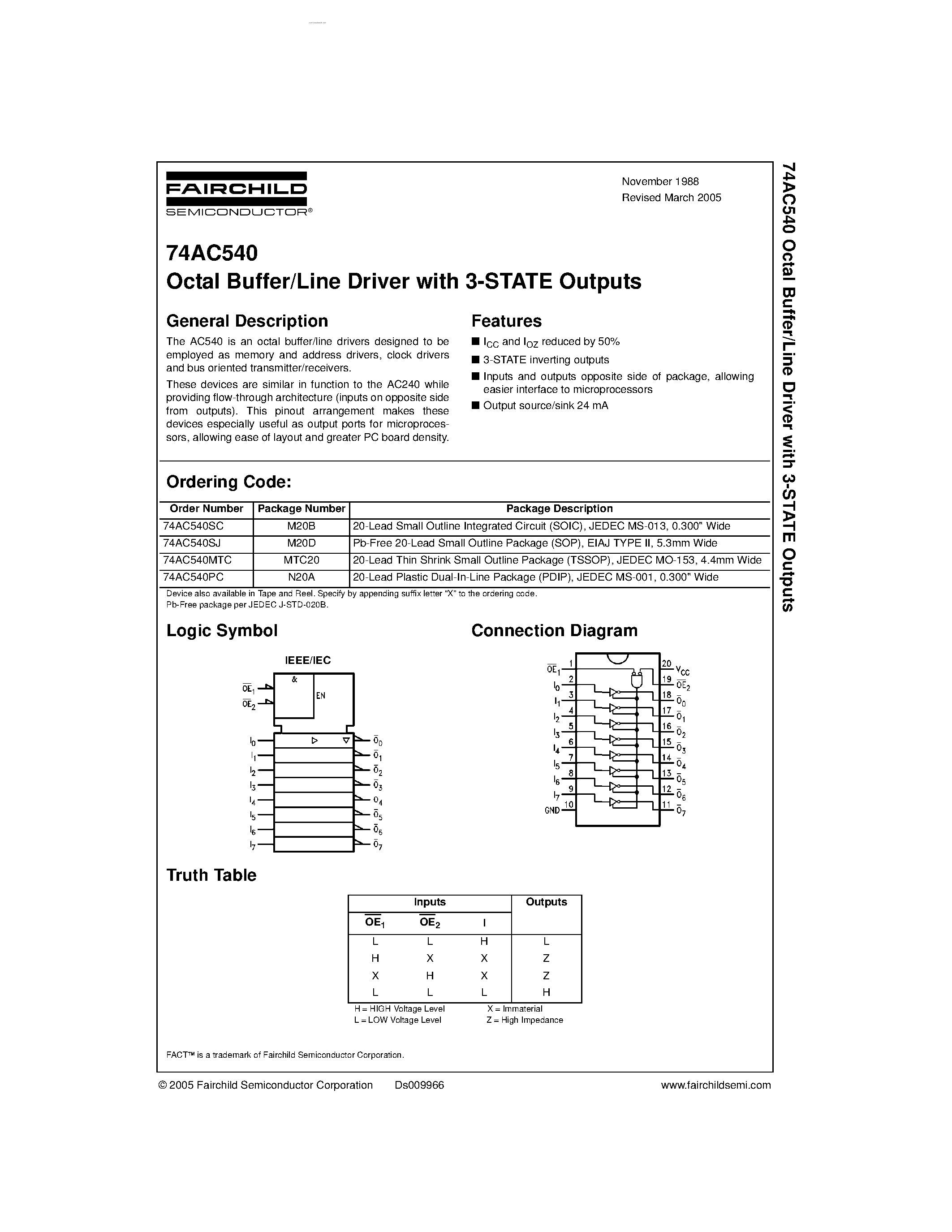 Даташит 74AC540SJ - Octal Buffer/Line Driver with 3-STATE Outputs страница 1