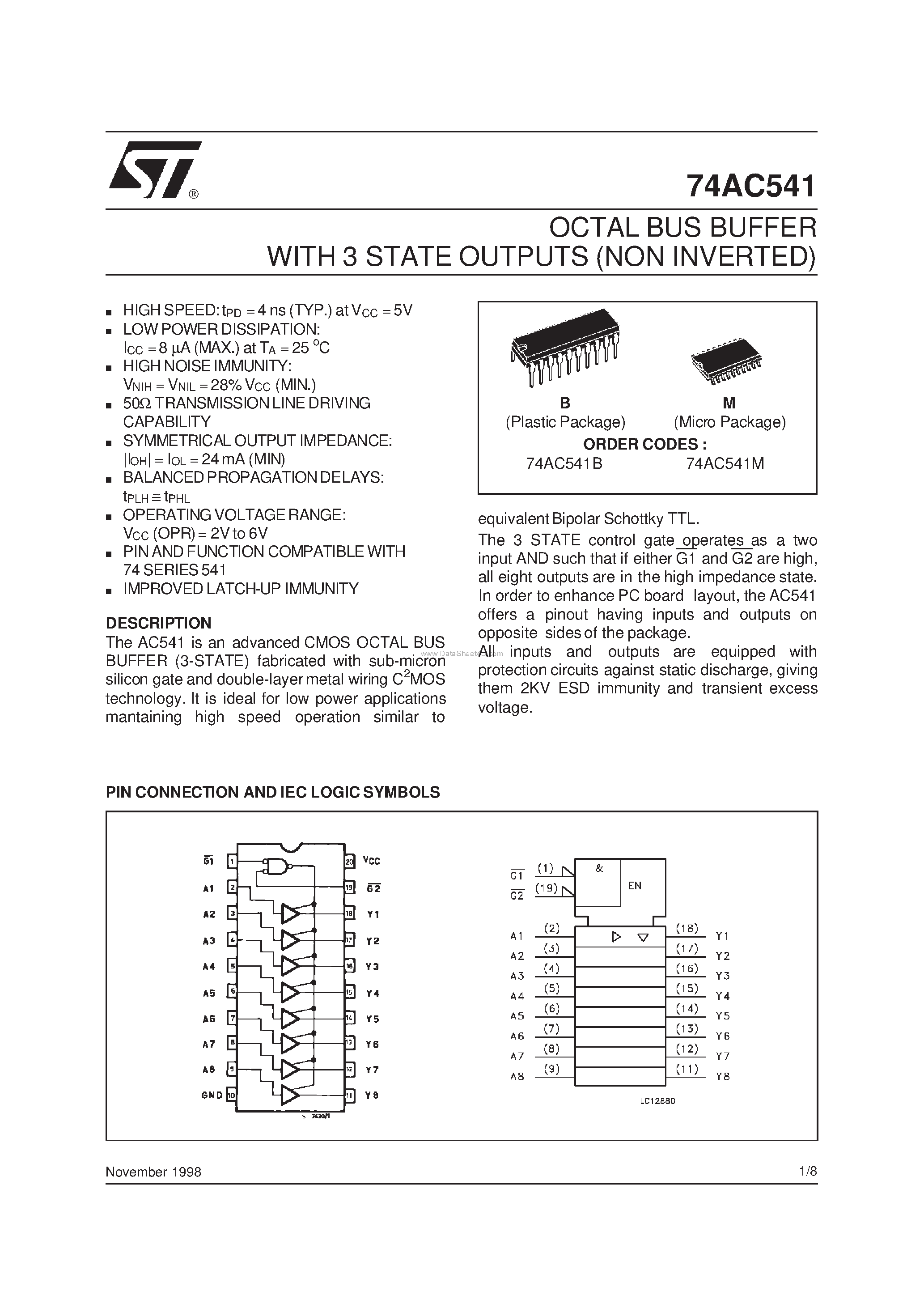 Даташит 74AC541B - OCTAL BUS BUFFER WITH 3 STATE OUTPUTS NON INVERTED страница 1