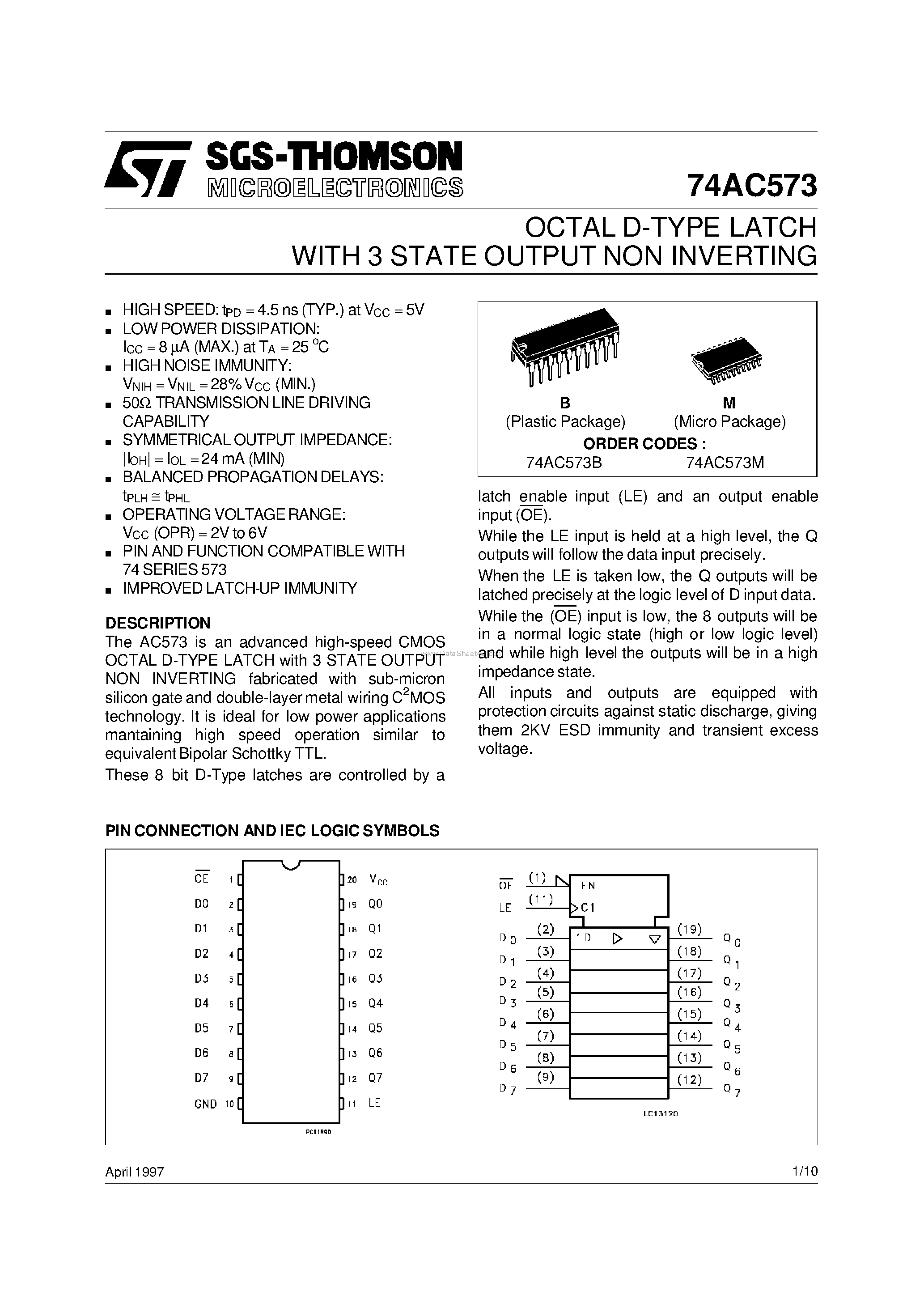 Даташит 74AC573 - OCTAL D-TYPE LATCH WITH 3 STATE OUTPUT NON INVERTING страница 1
