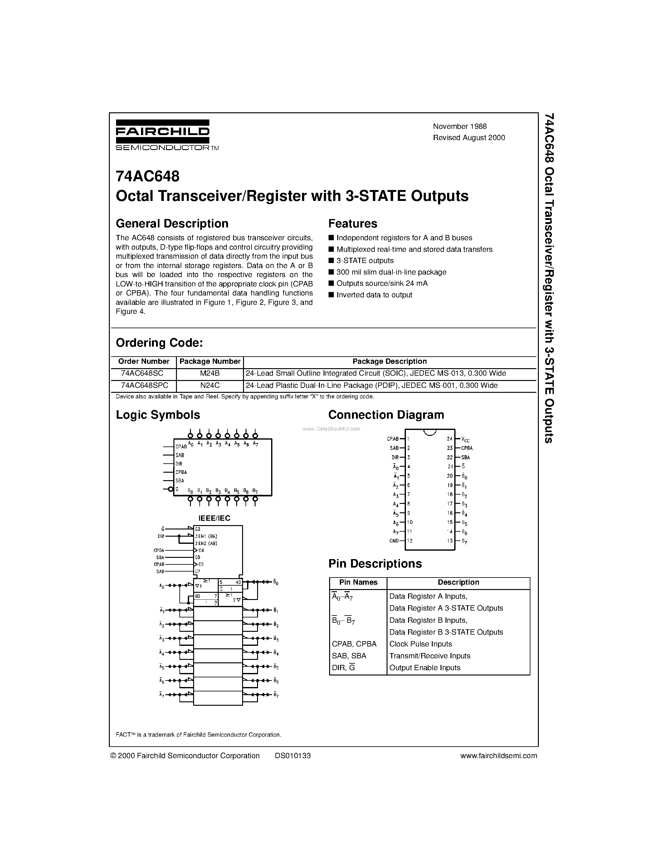 Даташит 74AC648 - Octal Transceiver/Register with 3-STATE Outputs страница 1