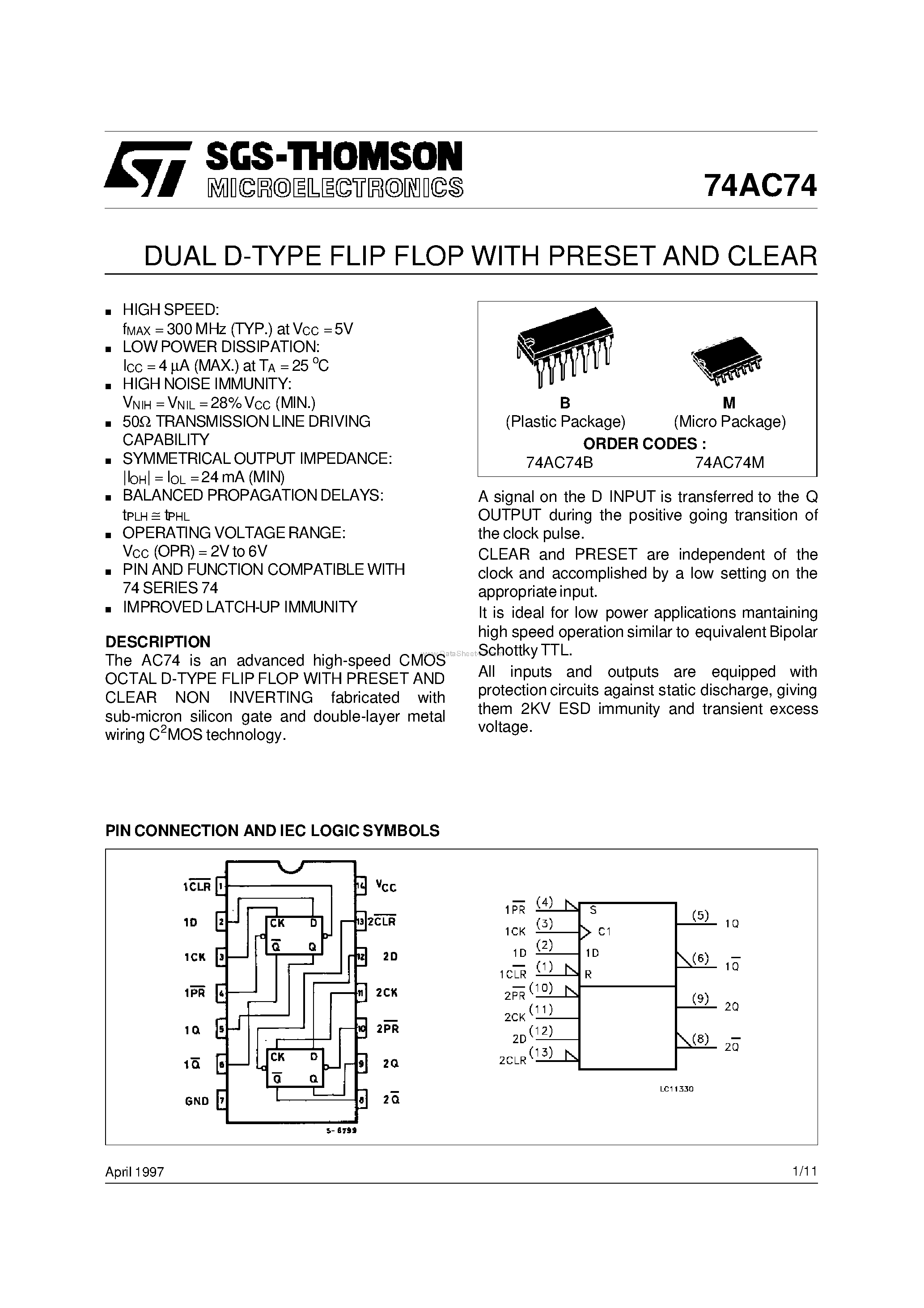 Даташит 74AC74 - DUAL D-TYPE FLIP FLOP WITH PRESET AND CLEAR страница 1