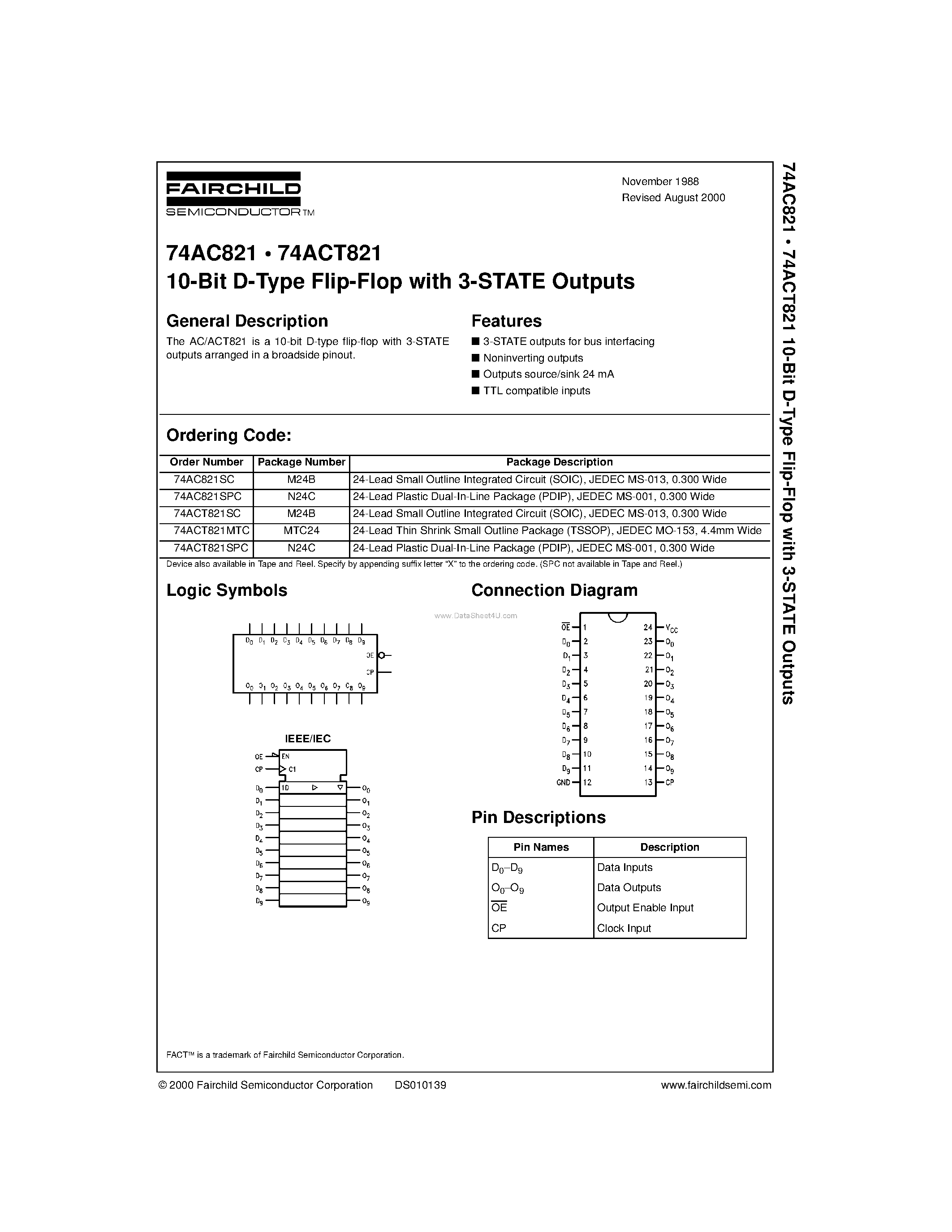 Даташит 74AC821 - 10-Bit D-Type Flip-Flop with 3-STATE Outputs страница 1