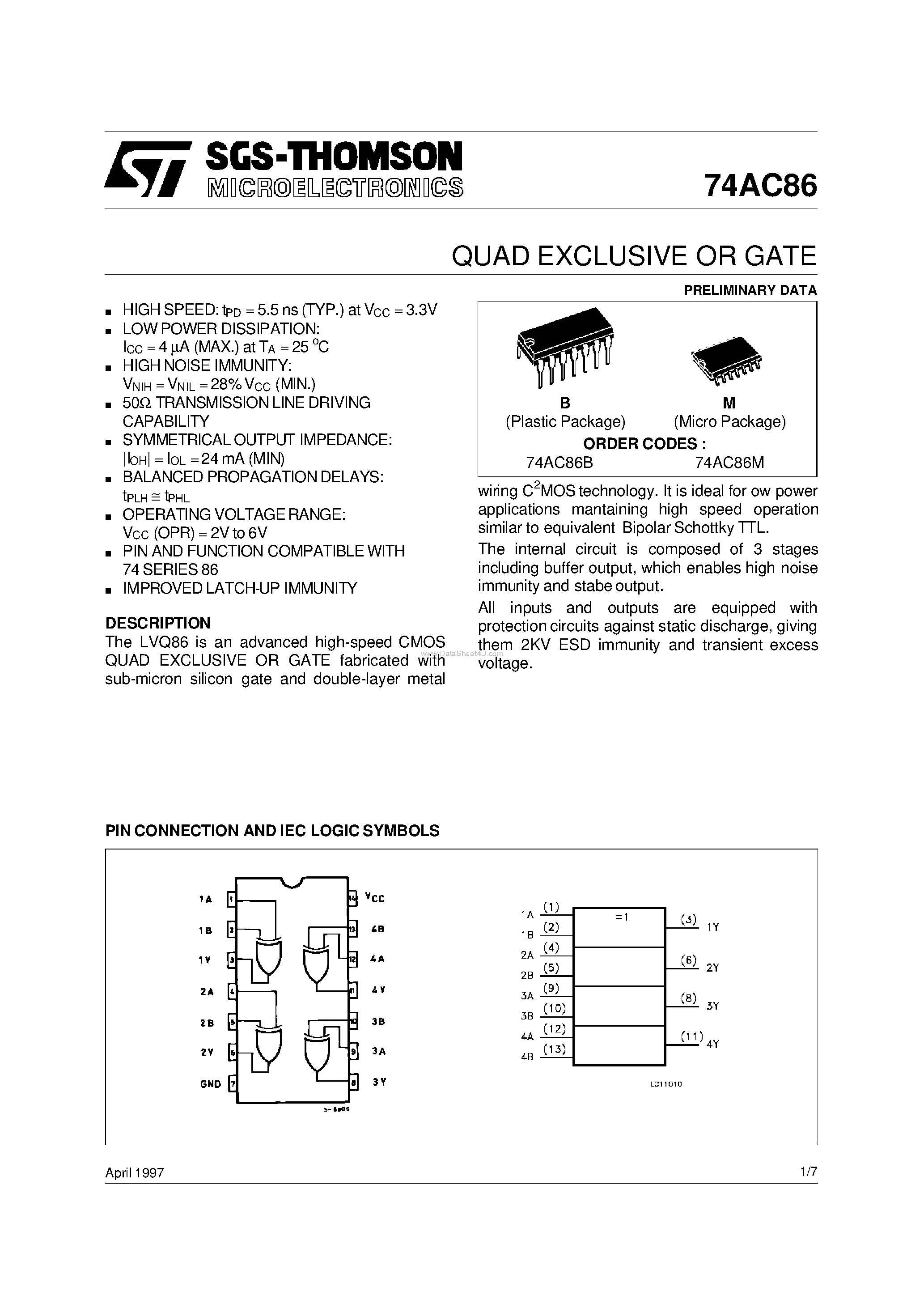 Даташит 74AC86 - QUAD EXCLUSIVE OR GATE страница 1