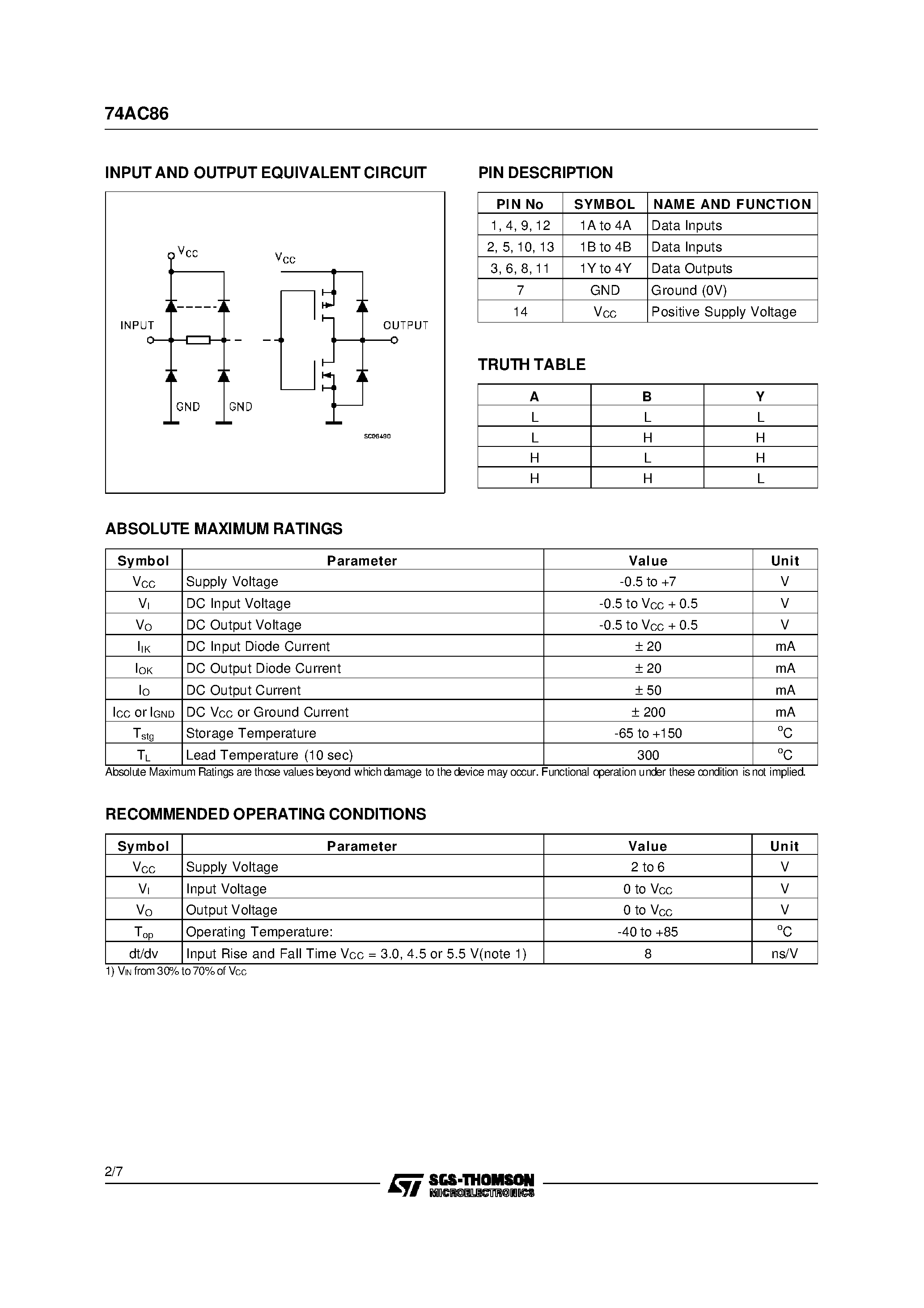 Даташит 74AC86 - QUAD EXCLUSIVE OR GATE страница 2