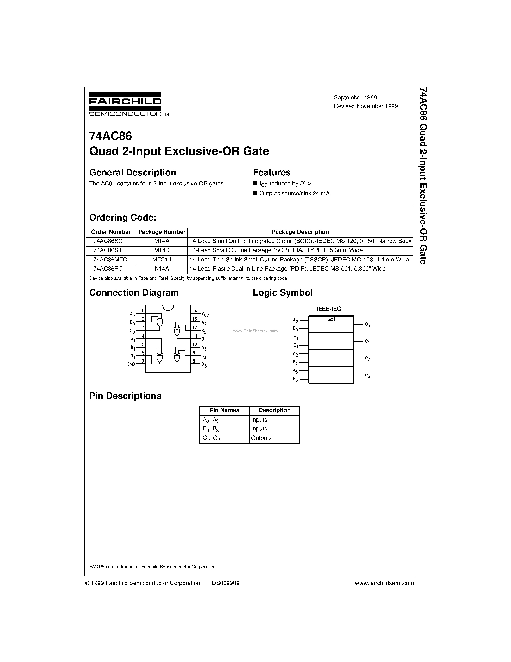 Даташит 74AC86 - Quad 2-Input Exclusive-OR Gate страница 1