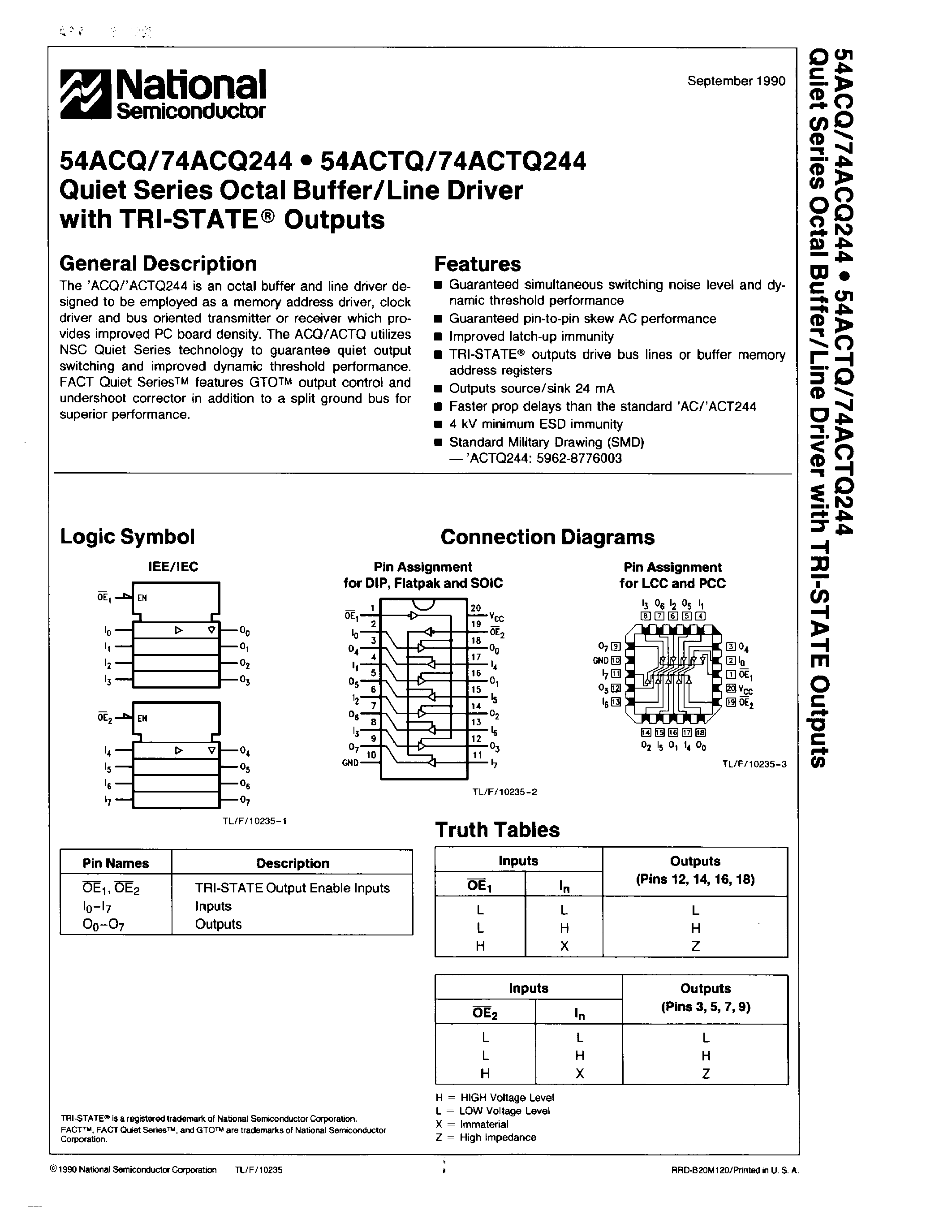 Даташит 74ACQ244S - Quiet Seres Octal Buffer/Line Driver with TRI-STATE Outputs страница 1