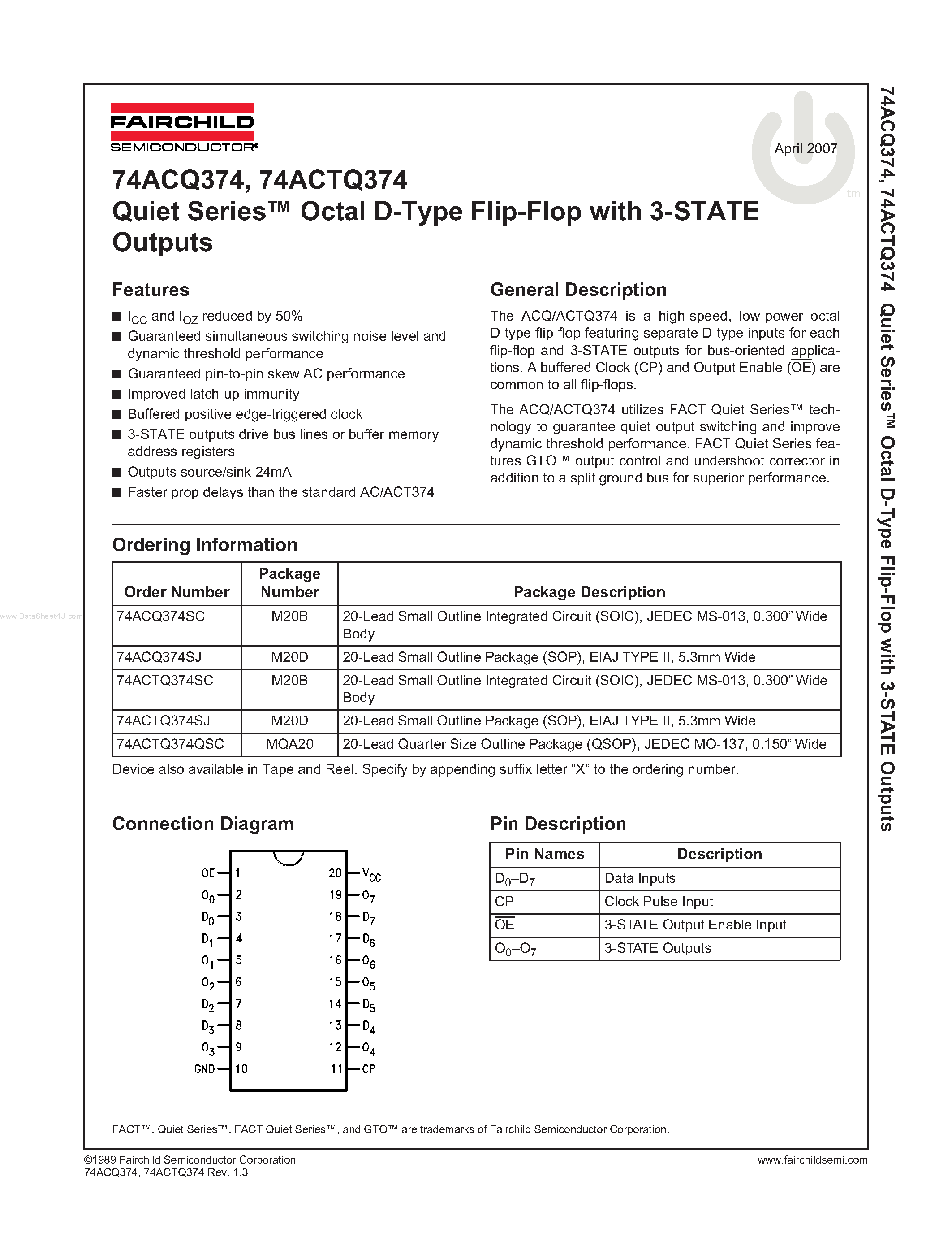 Даташит 74ACQ374SJ - Quiet Series Octal D-Type Flip-Flop with 3-STATE Outputs страница 1