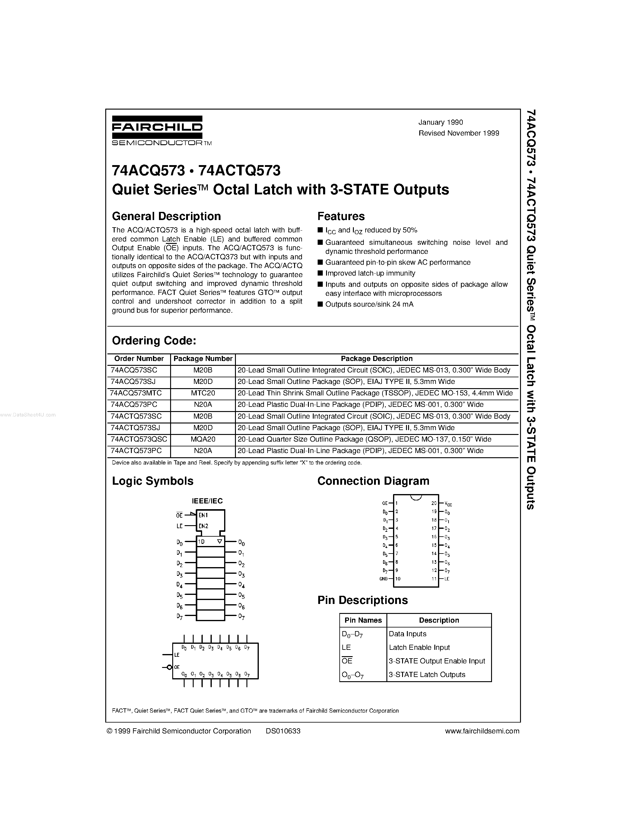 Даташит на микросхему 74ACQ573 страница 1 Даташит 74ACQ573 - Quiet Series Octal Latch with 3-STATE Outputs страница 1