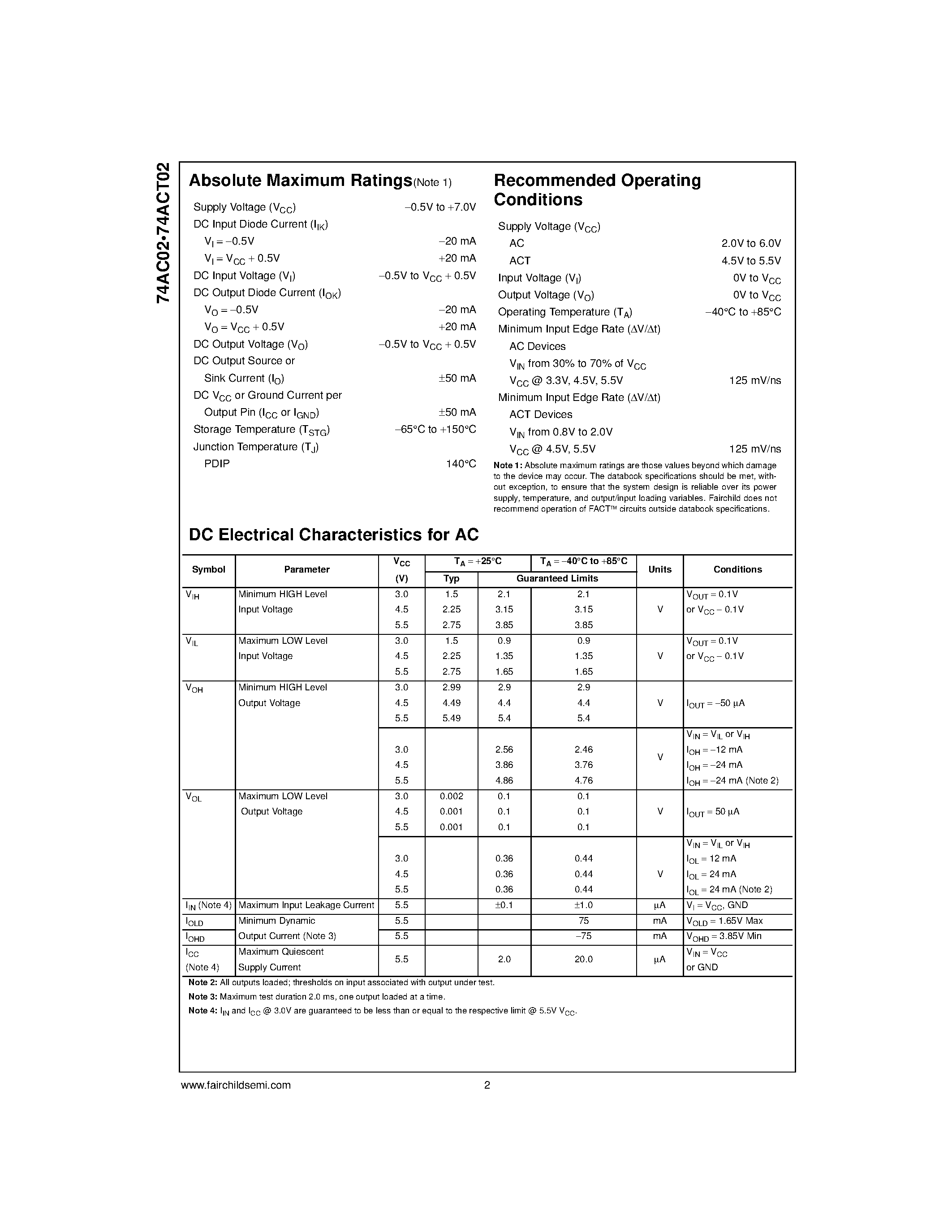 Datasheet 74ACT02SC page 2 Datasheet 74ACT02SC - Quad 2-Input NOR Gate page 2