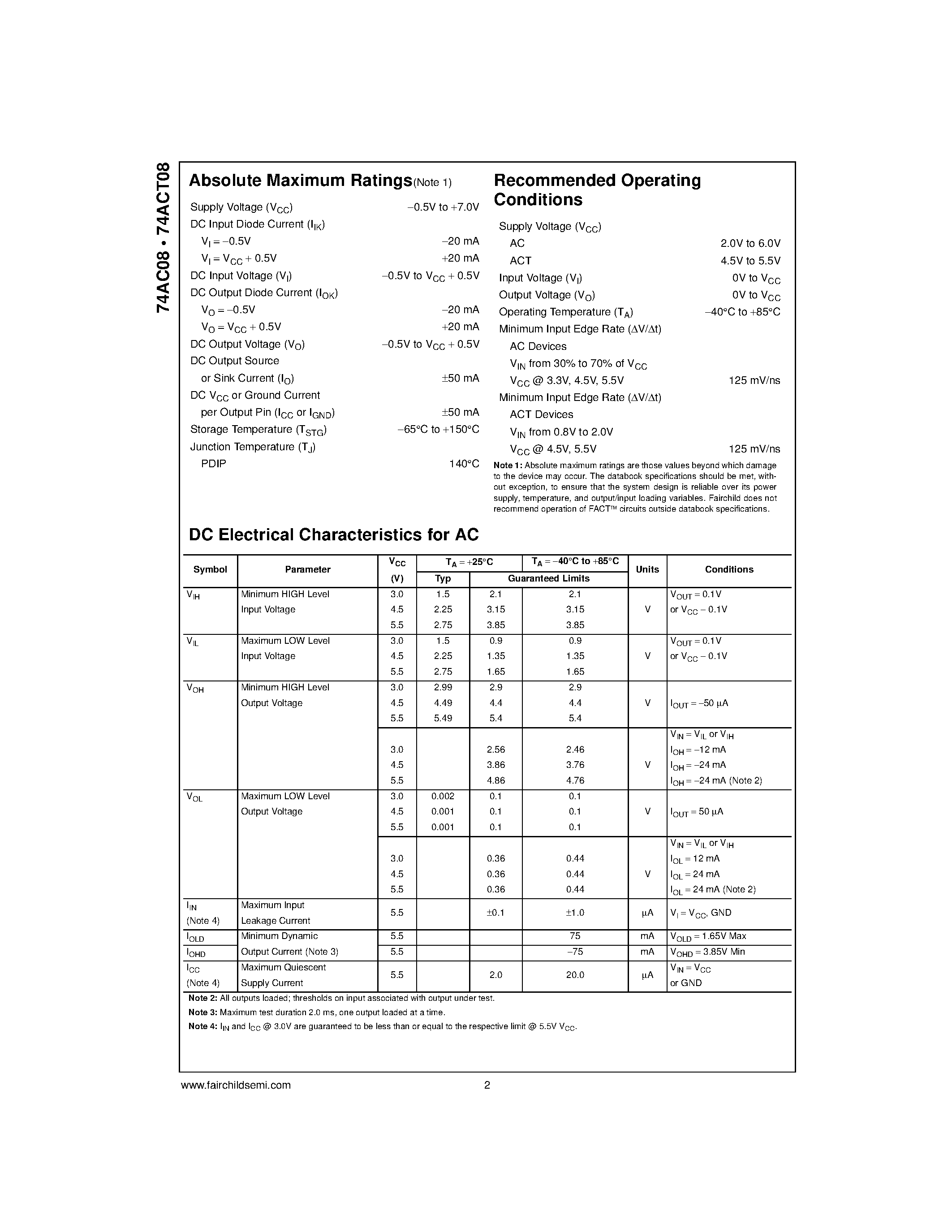Datasheet 74ACT08PC - Quad 2-Input AND Gate page 2