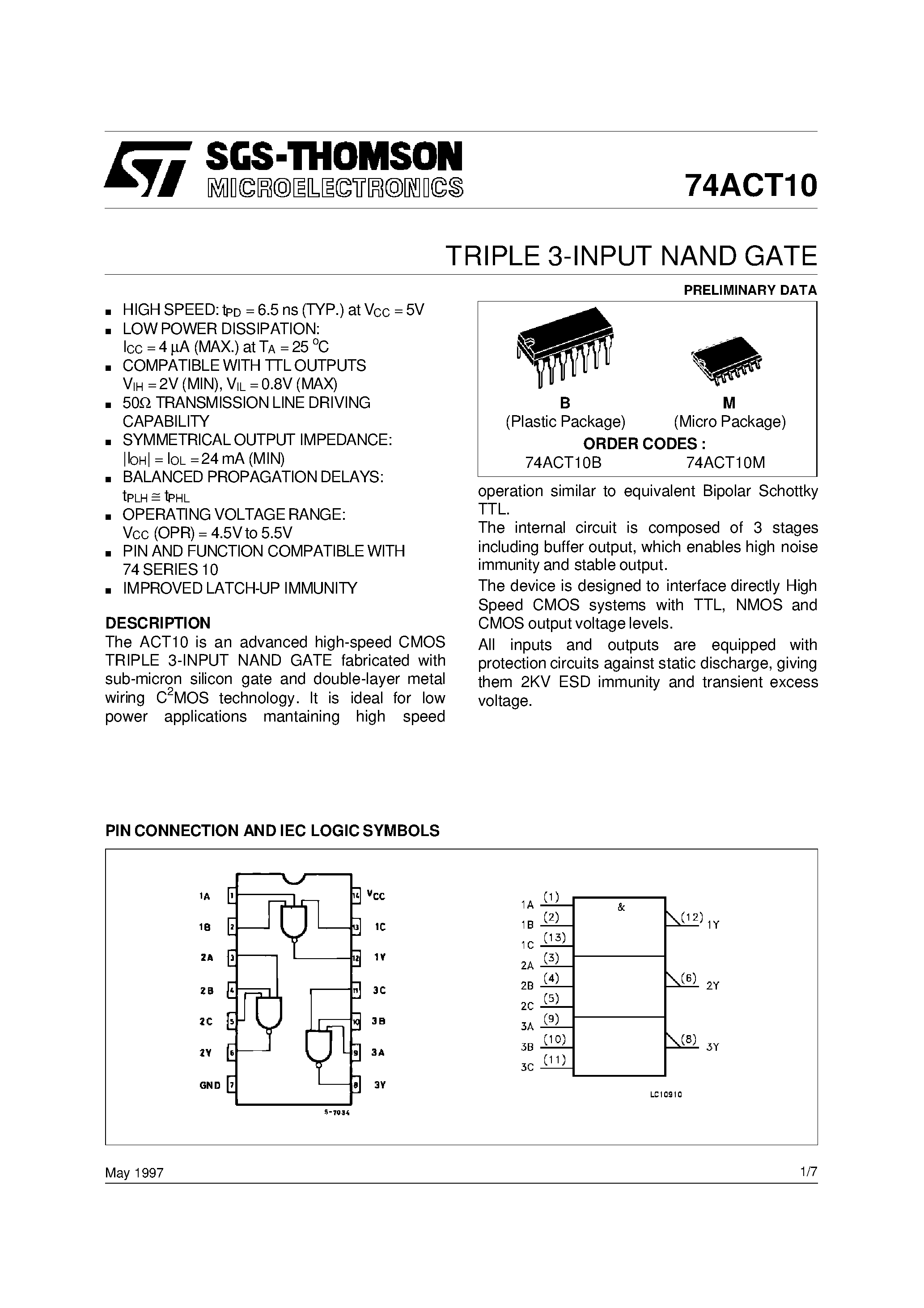 Даташит на микросхему 74ACT10M страница 1 Даташит 74ACT10M - TRIPLE 3-INPUT NAND GATE страница 1